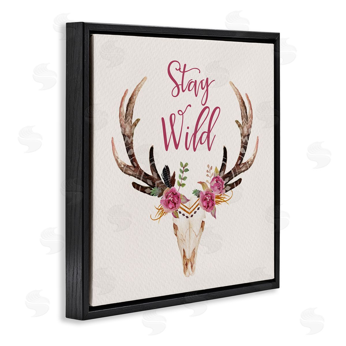 Amy Brinkman Stay Wild Boho Chic Floral Deer Skull Antlers  Black Floating Frame Canvas Wall Art Print