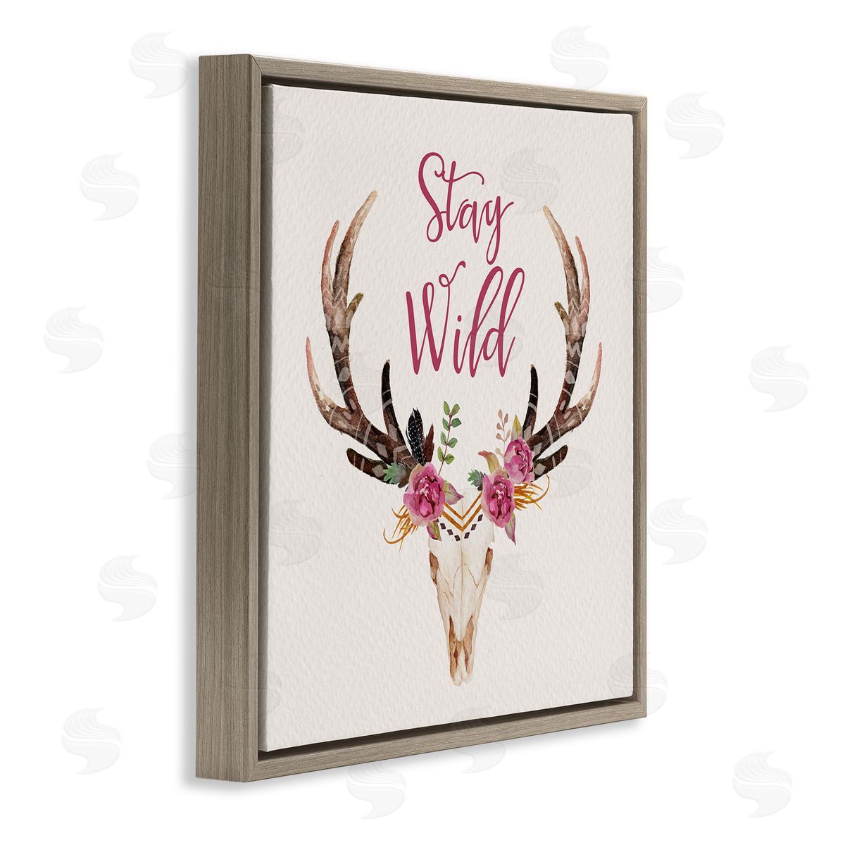 Amy Brinkman Stay Wild Boho Chic Floral Deer Skull Antlers  Brown Floating Frame Canvas Wall Art Print