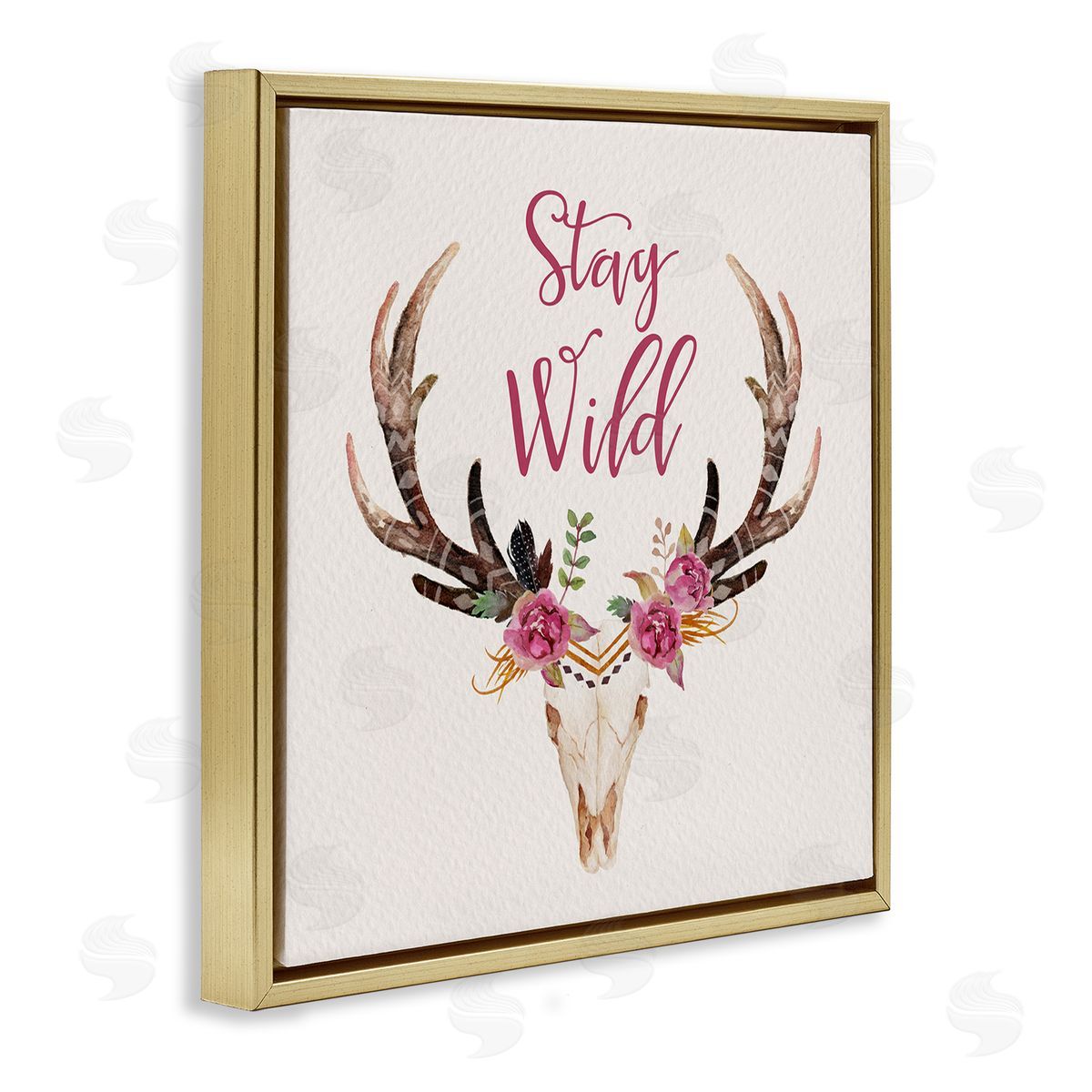 Amy Brinkman Stay Wild Boho Chic Floral Deer Skull Antlers  Gold Floating Frame Canvas Wall Art Print