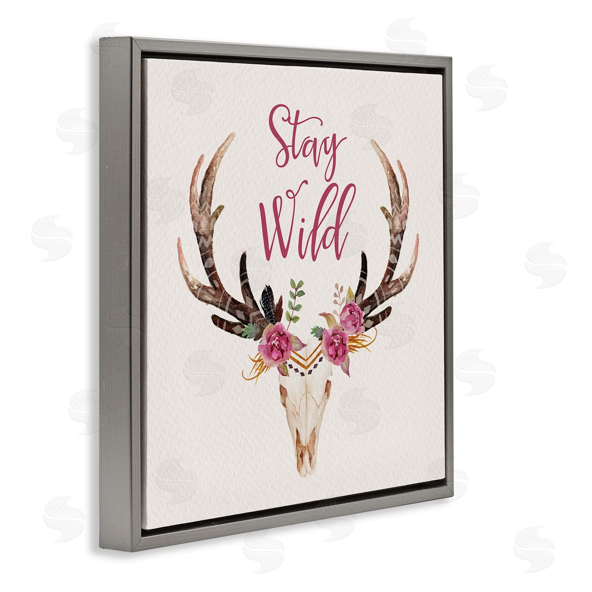 Amy Brinkman Stay Wild Boho Chic Floral Deer Skull Antlers  Gray Floating Frame Canvas Wall Art Print