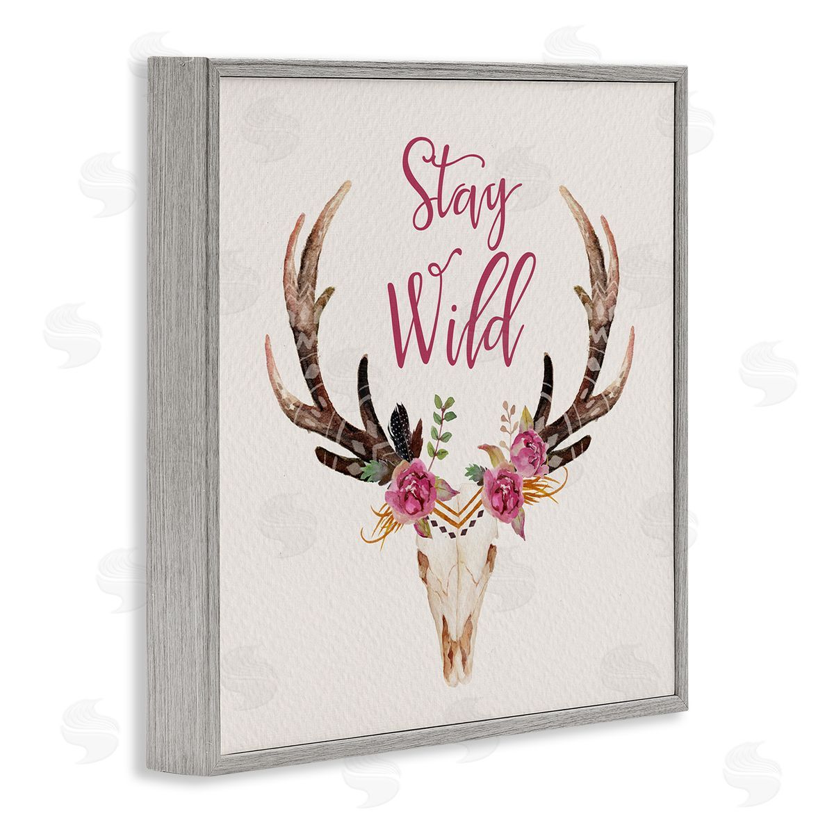Amy Brinkman Stay Wild Boho Chic Floral Deer Skull Antlers  Gray Framed Glicee Wall Art Print