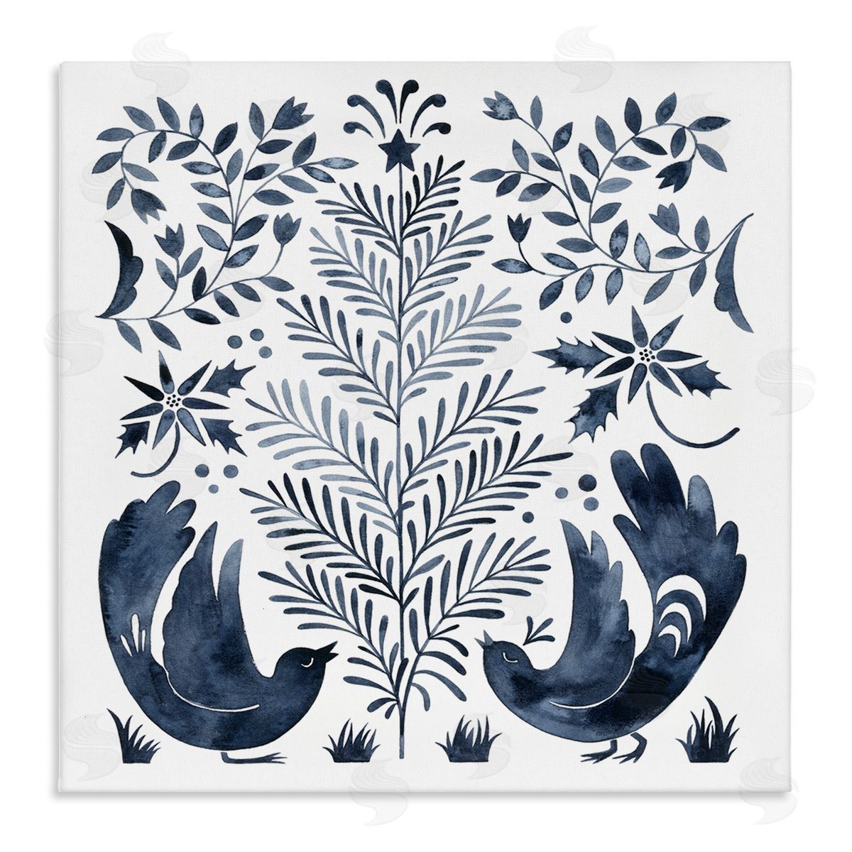 Grace Popp Tranquil Blue Birds Botanical Holiday Tree Design  Stretched Canvas Wall Art Print