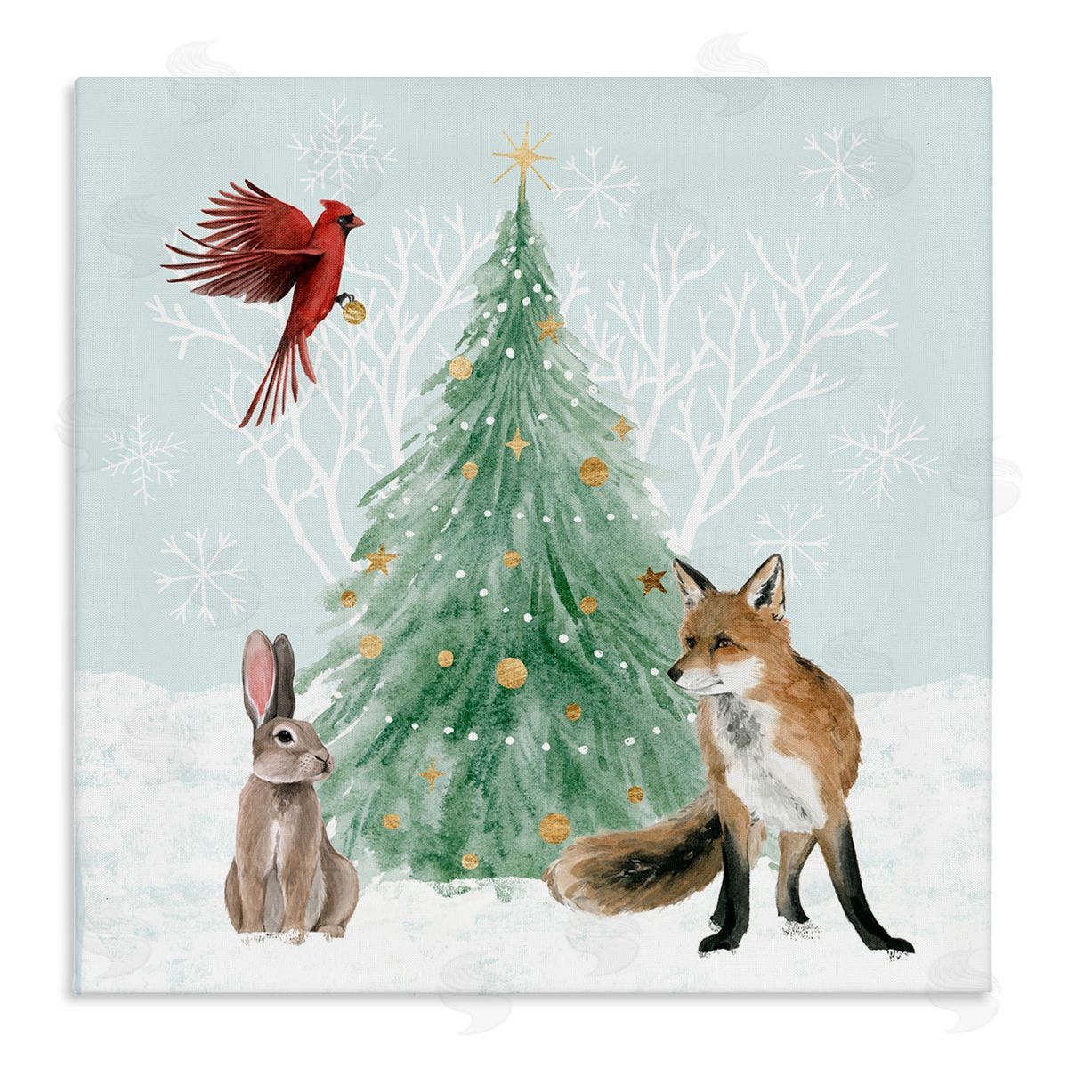 Grace Popp Wintery Wildlife Decorated Christmas Tree Snowflakes  Stretched Canvas Wall Art Print