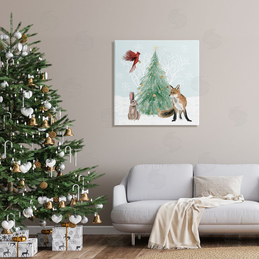 Grace Popp Wintery Wildlife Decorated Christmas Tree Snowflakes  Canvas Wall Art in Room