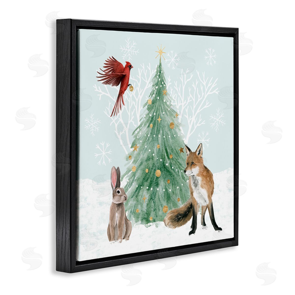 Grace Popp Wintery Wildlife Decorated Christmas Tree Snowflakes  Black Floating Frame Canvas Wall Art Print