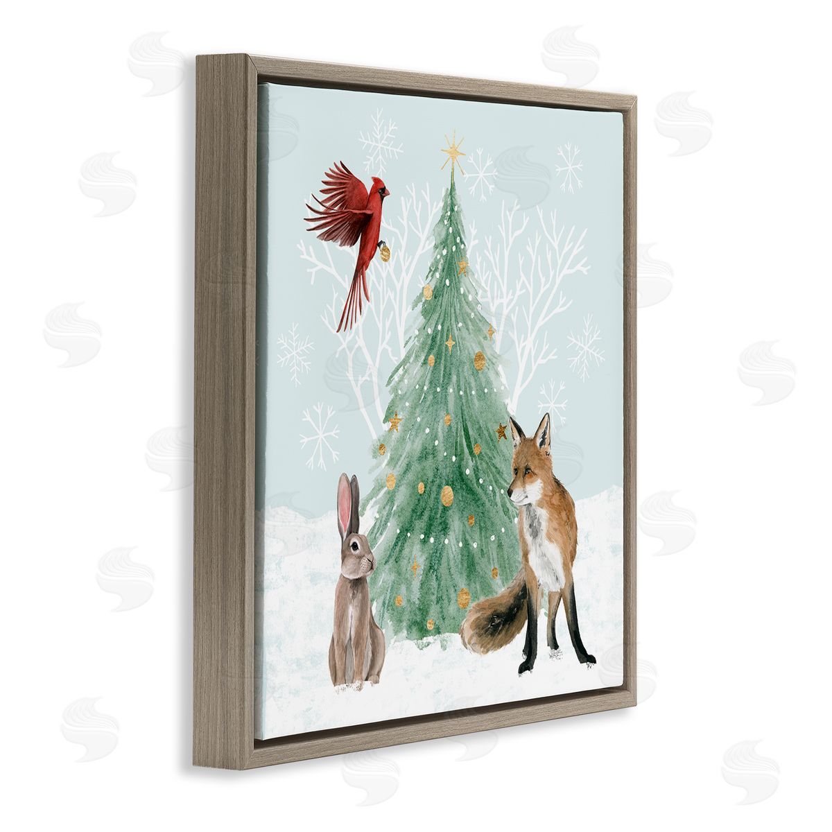 Grace Popp Wintery Wildlife Decorated Christmas Tree Snowflakes  Brown Floating Frame Canvas Wall Art Print