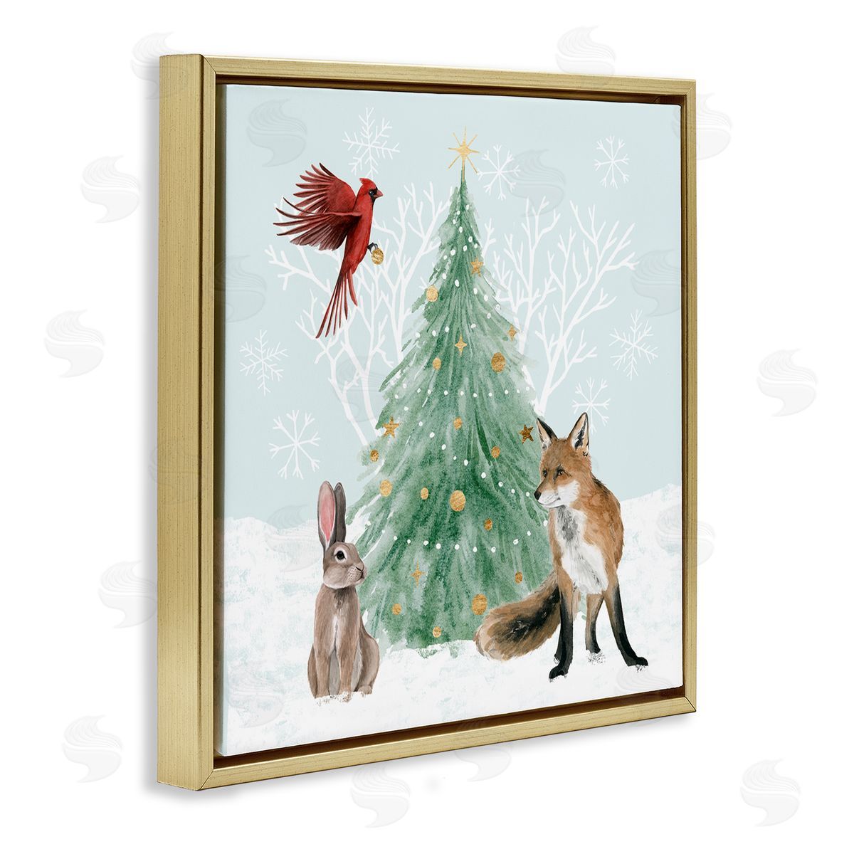 Grace Popp Wintery Wildlife Decorated Christmas Tree Snowflakes  Gold Floating Frame Canvas Wall Art Print