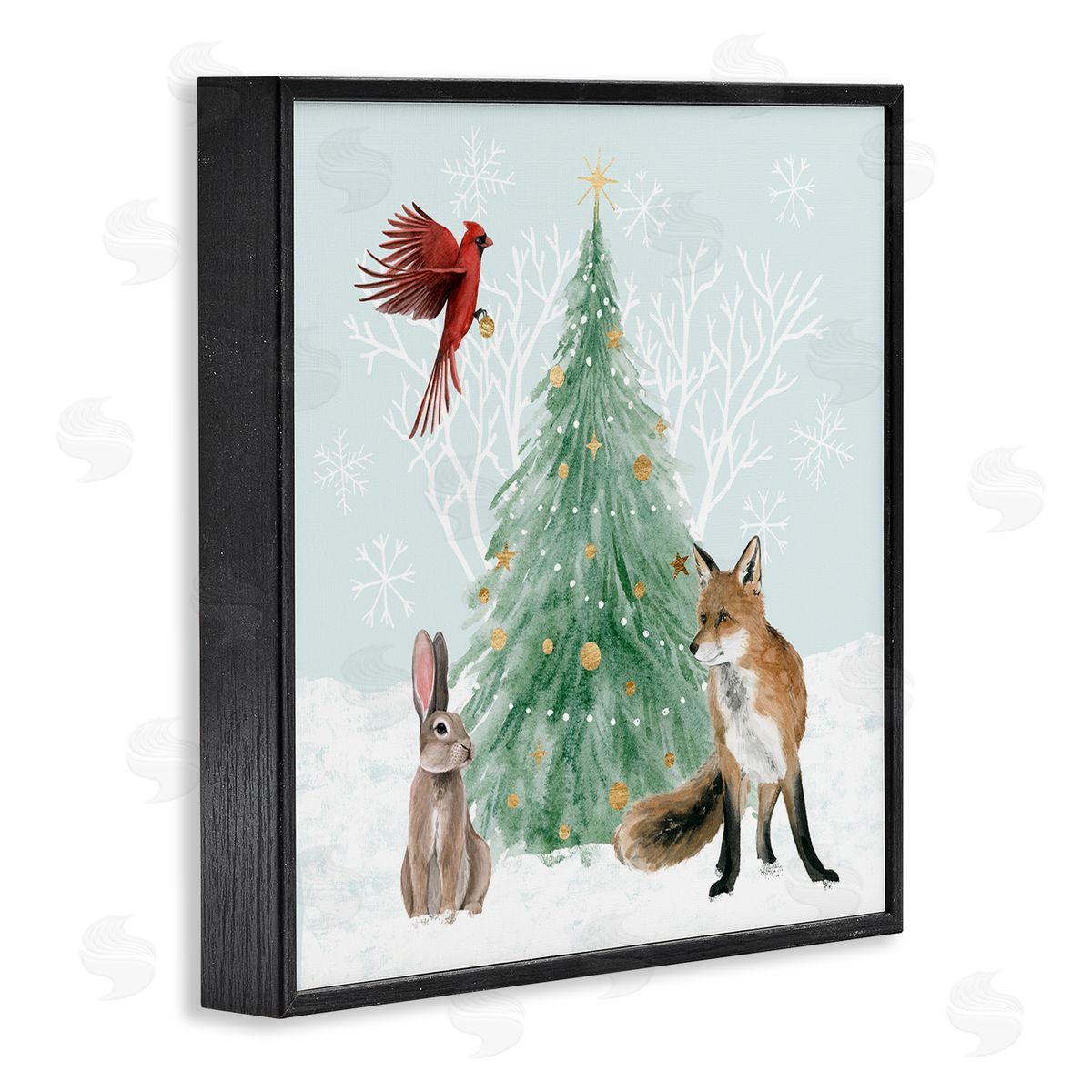 Grace Popp Wintery Wildlife Decorated Christmas Tree Snowflakes  Black Framed Glicee Wall Art Print