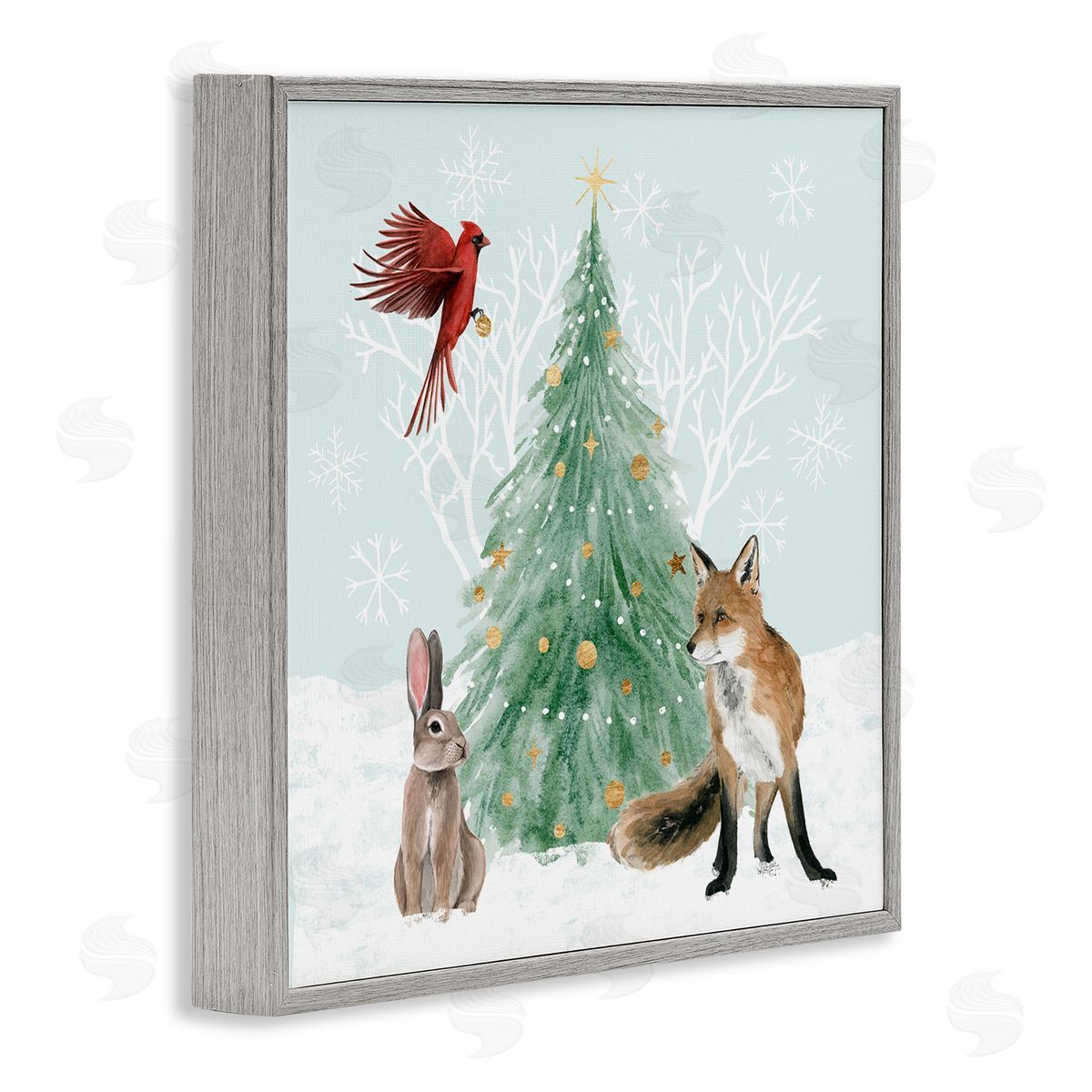 Grace Popp Wintery Wildlife Decorated Christmas Tree Snowflakes  Gray Framed Glicee Wall Art Print