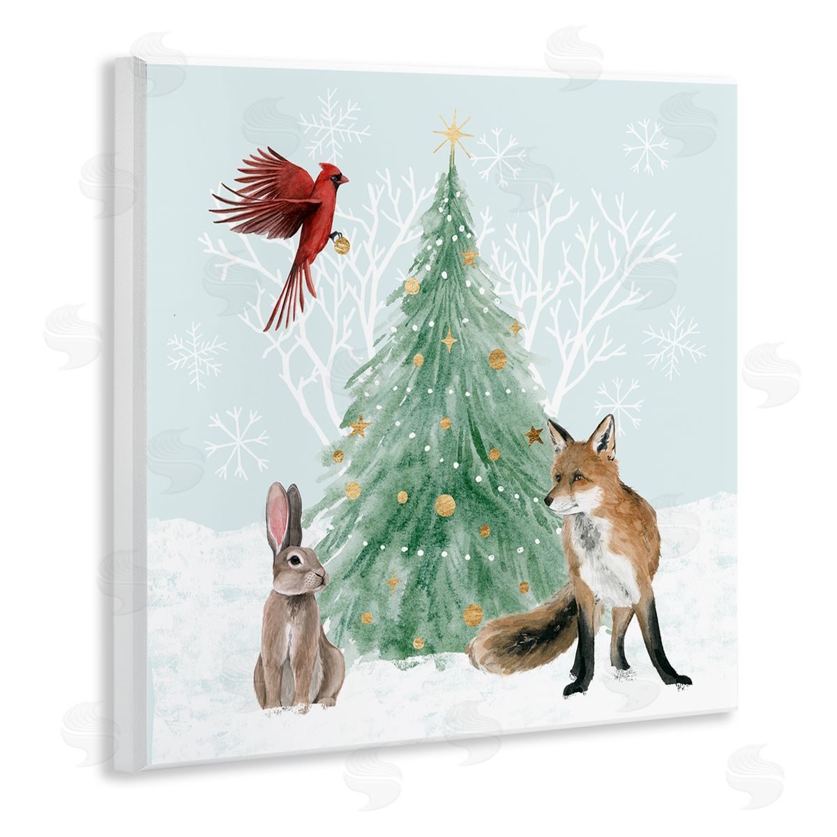 Grace Popp Wintery Wildlife Decorated Christmas Tree Snowflakes  Wooden Wall Plaque Art Print
