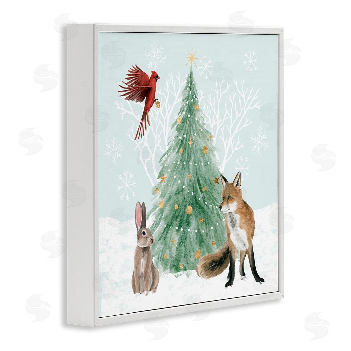 Grace Popp Wintery Wildlife Decorated Christmas Tree Snowflakes  White Framed Glicee Wall Art Print
