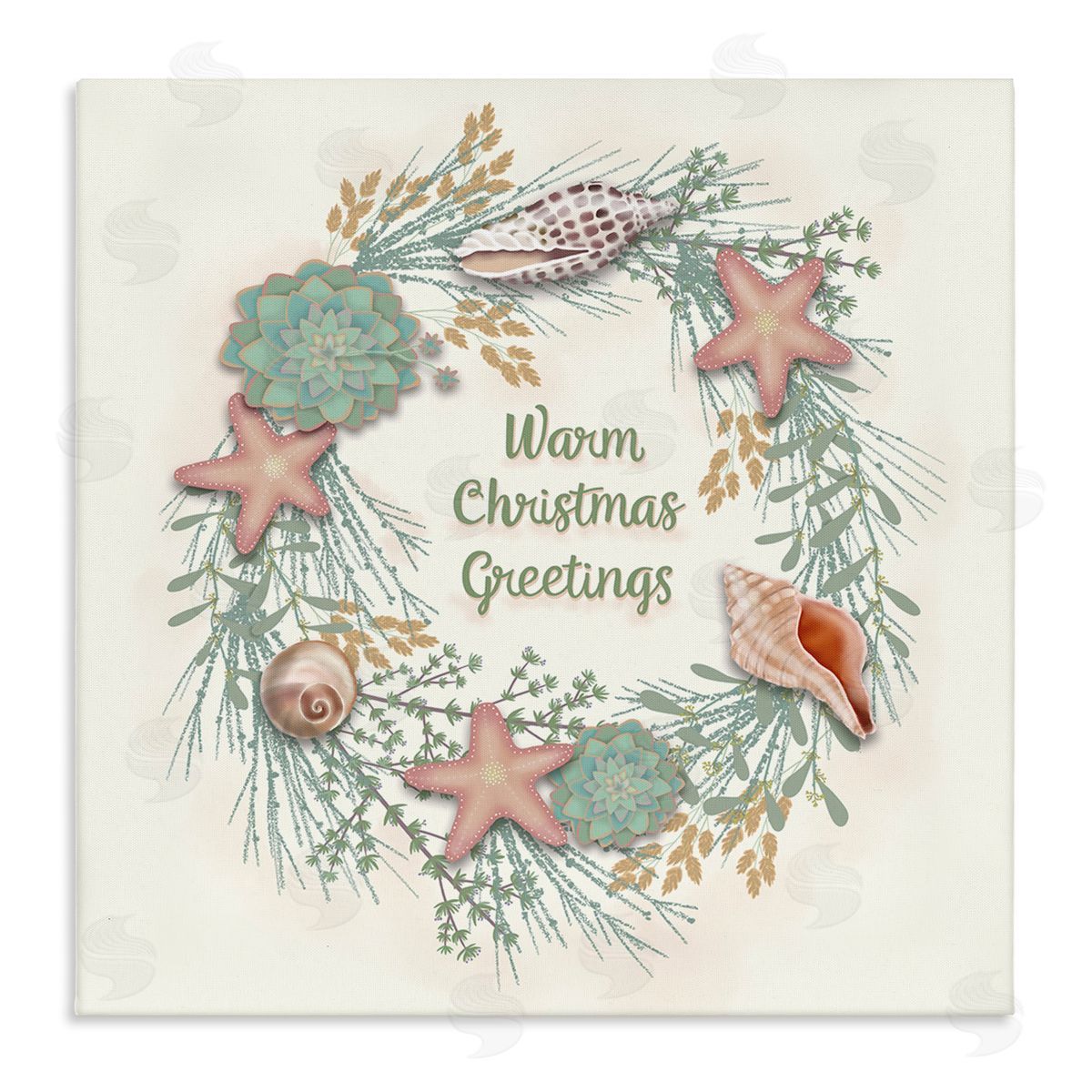 Darlene Seale Warm Christmas Greetings Beach Shells Themed Wreath Stretched Canvas Wall Art Print
