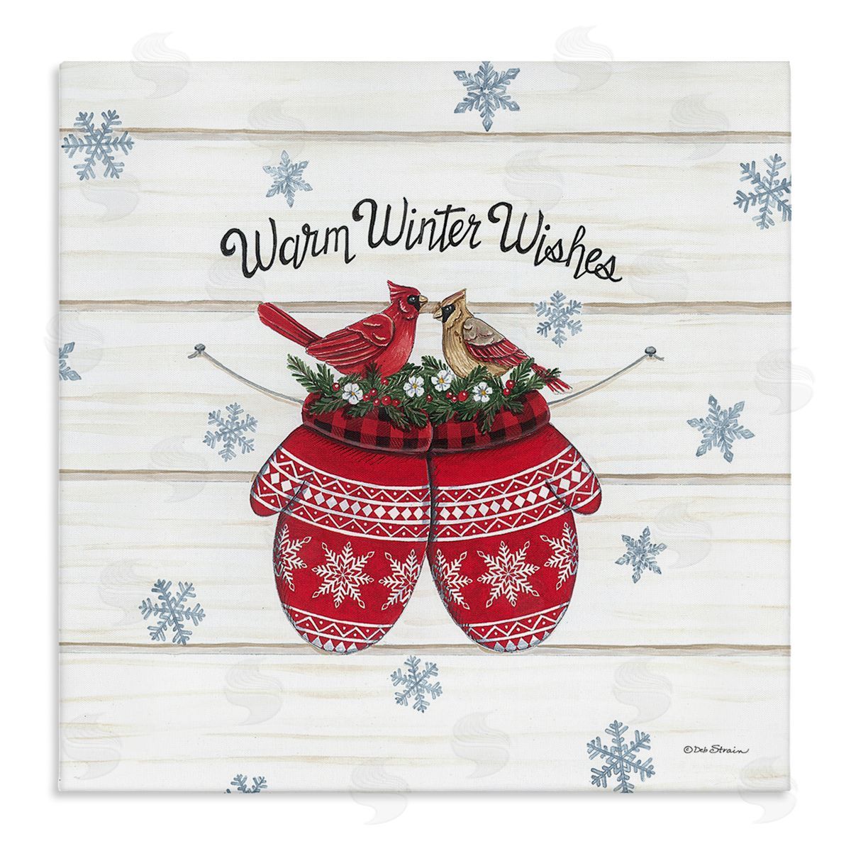 Deb Strain Warm Winter Wishes Cardinals Perched Festive Mittens  Stretched Canvas Wall Art Print