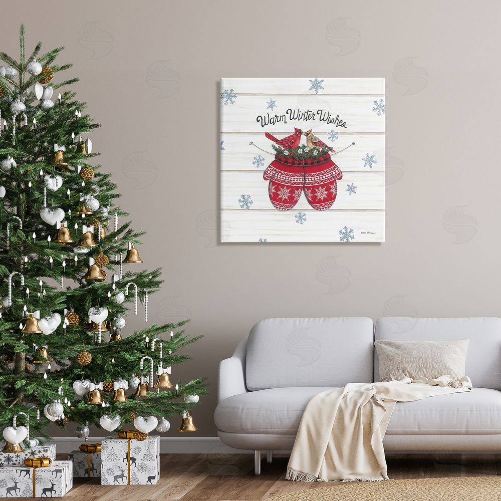 Deb Strain Warm Winter Wishes Cardinals Perched Festive Mittens  Canvas Wall Art in Room