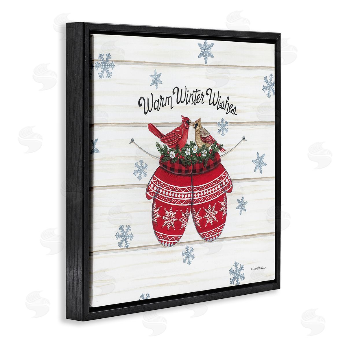 Deb Strain Warm Winter Wishes Cardinals Perched Festive Mittens  Black Floating Frame Canvas Wall Art Print