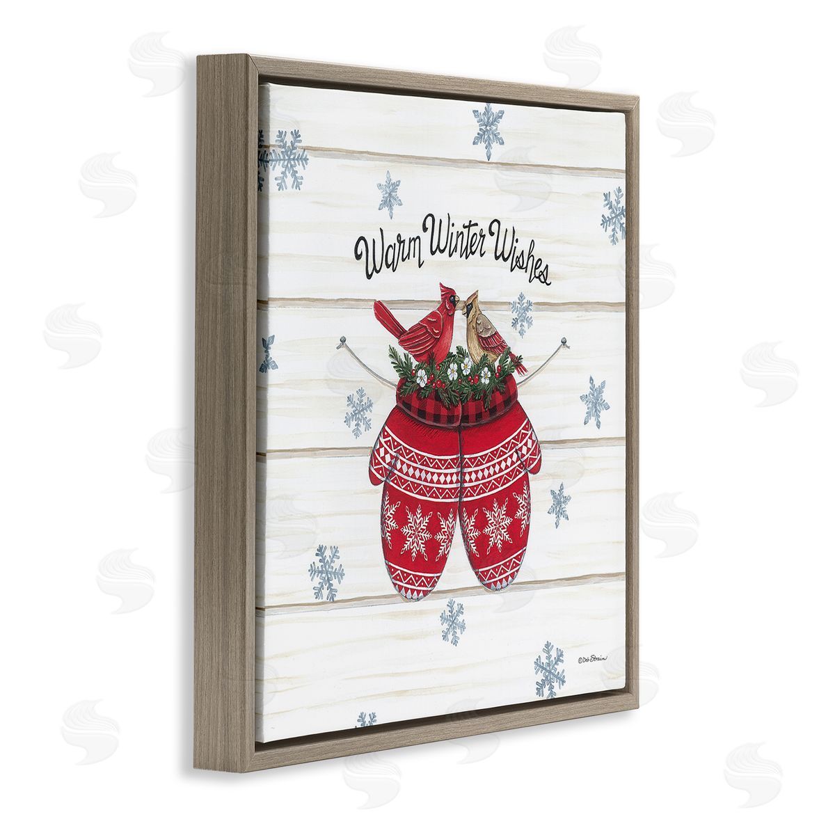 Deb Strain Warm Winter Wishes Cardinals Perched Festive Mittens  Brown Floating Frame Canvas Wall Art Print