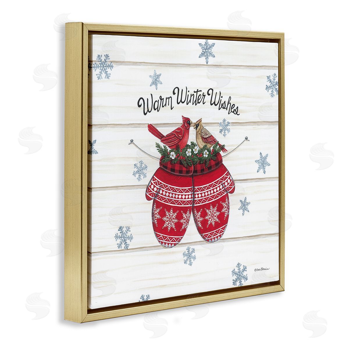 Deb Strain Warm Winter Wishes Cardinals Perched Festive Mittens  Gold Floating Frame Canvas Wall Art Print