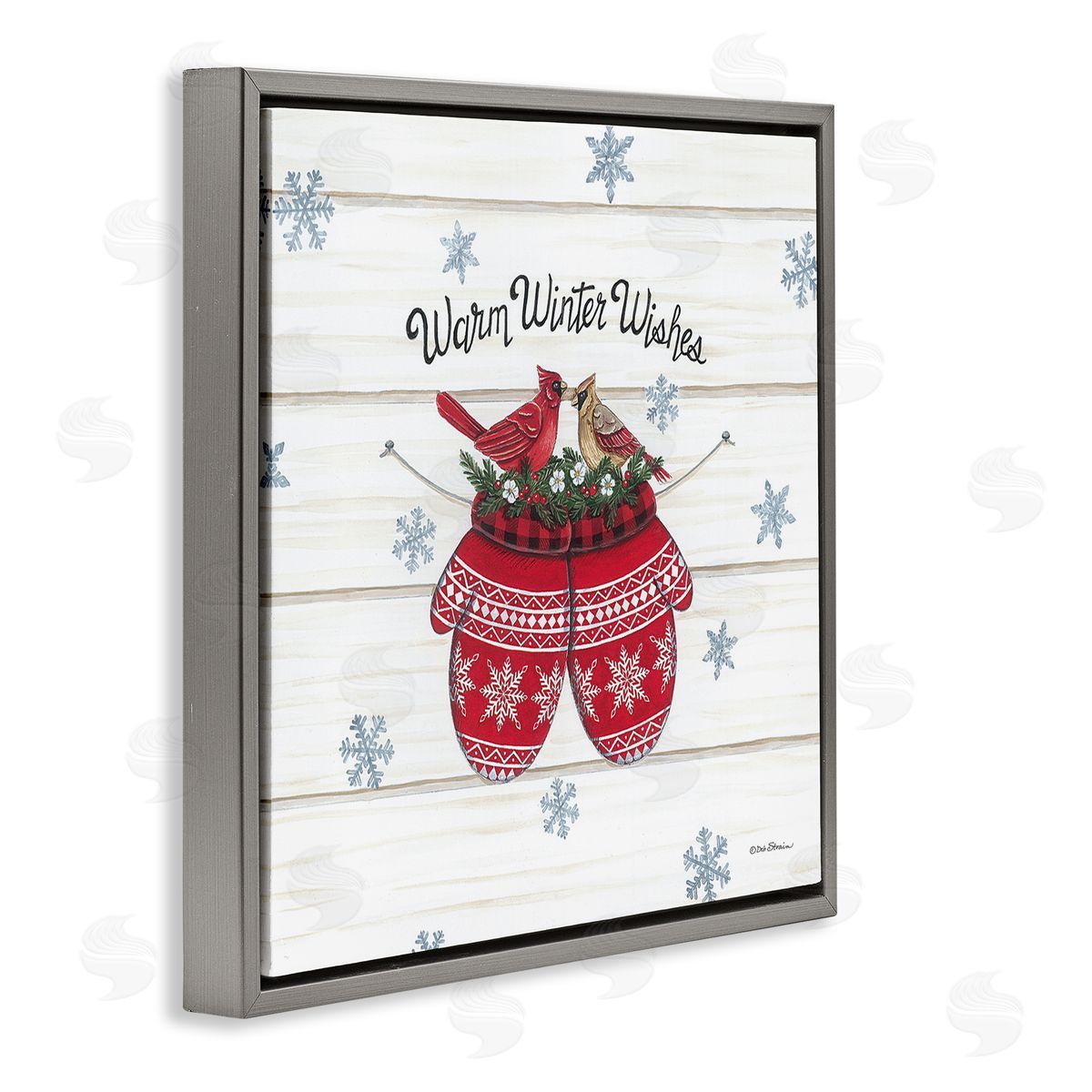 Deb Strain Warm Winter Wishes Cardinals Perched Festive Mittens  Gray Floating Frame Canvas Wall Art Print
