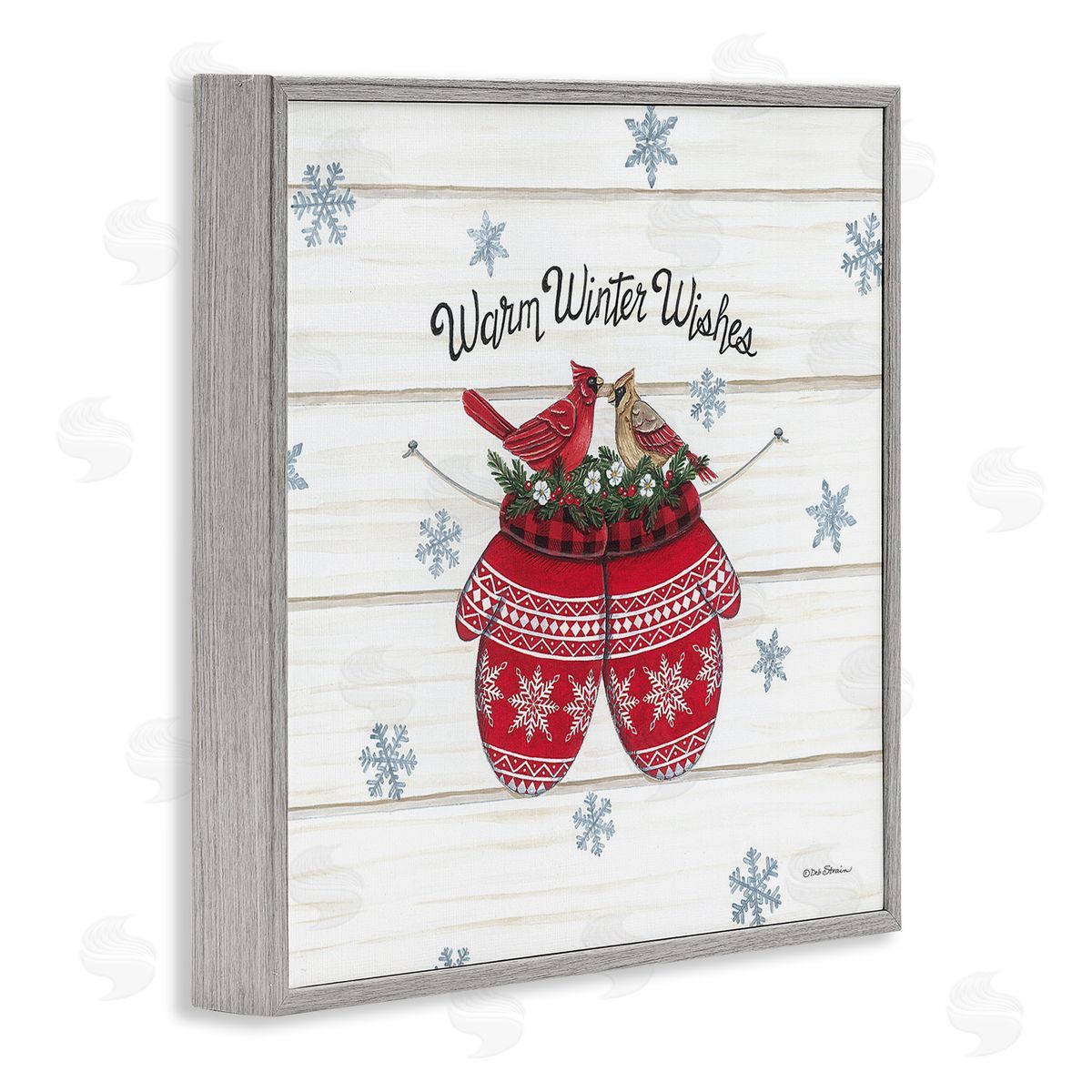 Deb Strain Warm Winter Wishes Cardinals Perched Festive Mittens  Gray Framed Glicee Wall Art Print