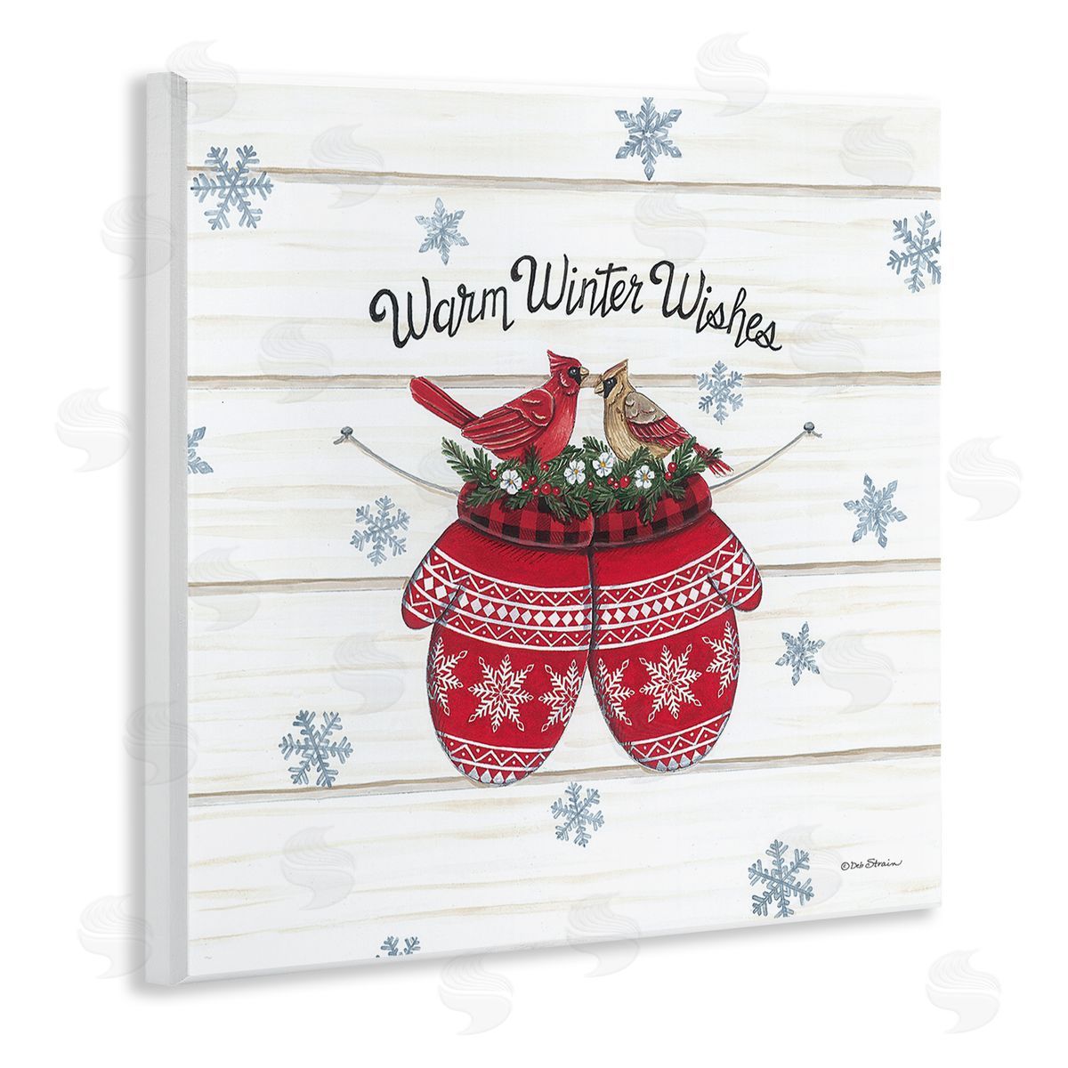 Deb Strain Warm Winter Wishes Cardinals Perched Festive Mittens  Wooden Wall Plaque Art Print