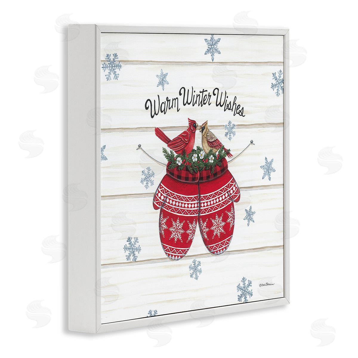 Deb Strain Warm Winter Wishes Cardinals Perched Festive Mittens  White Framed Glicee Wall Art Print