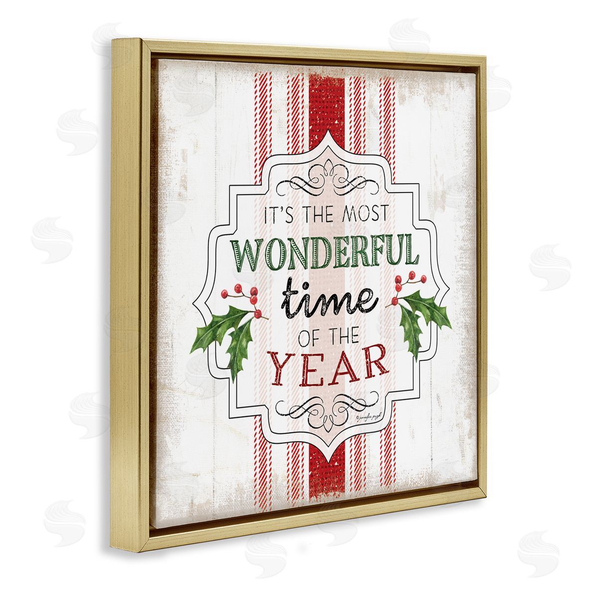 Festive Holiday Rustic Stripes Gold Floating Frame Canvas Wall Art, Home Decor by Jennifer Pugh