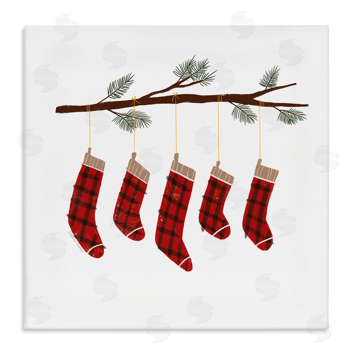 Rachel Nieman Cozy Hanging Tartan Stockings Winter Tree Branch Stretched Canvas Wall Art Print