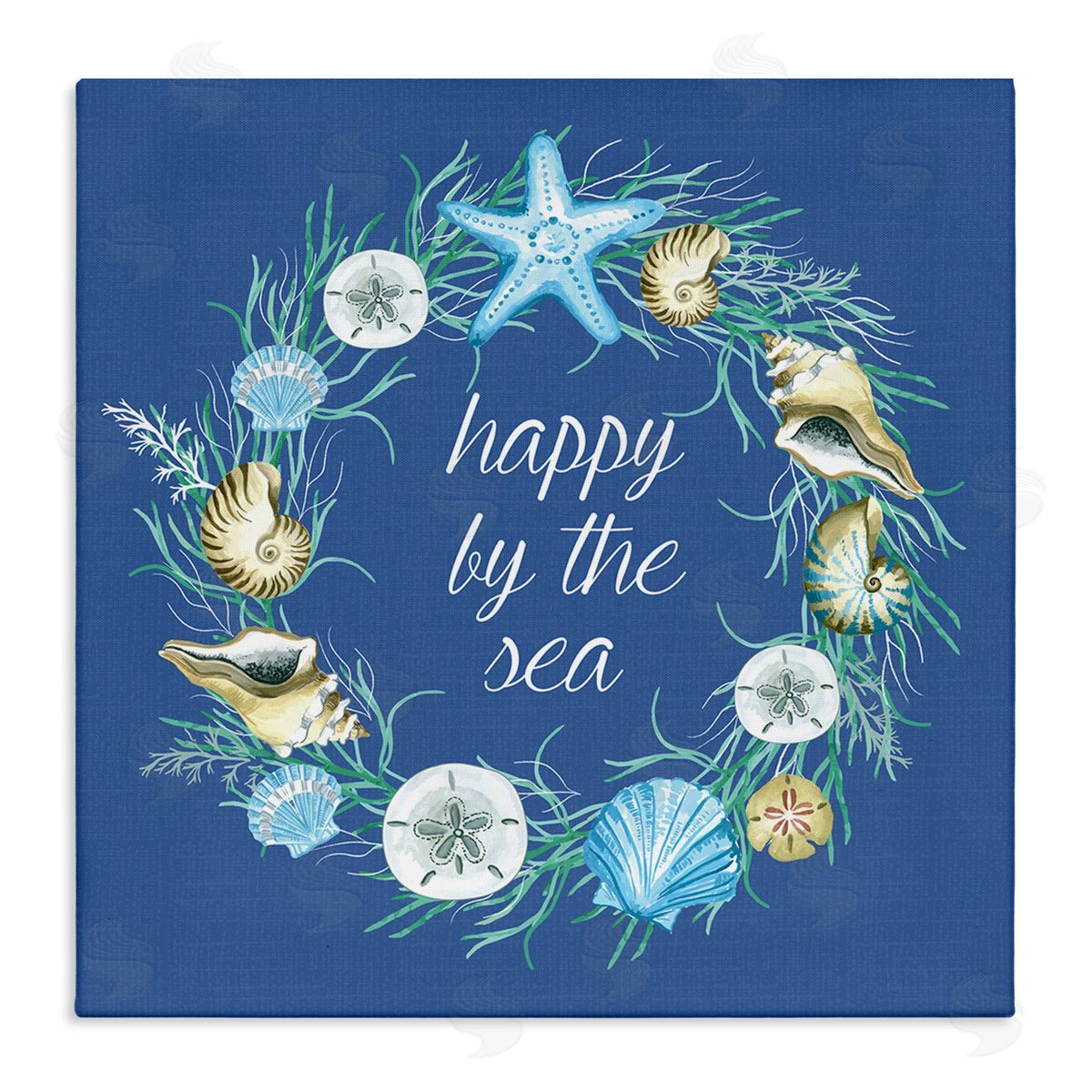 Sharon Lee Happy By The Sea Calligraphy Aquatic Shells Wreath Stretched Canvas Wall Art Print