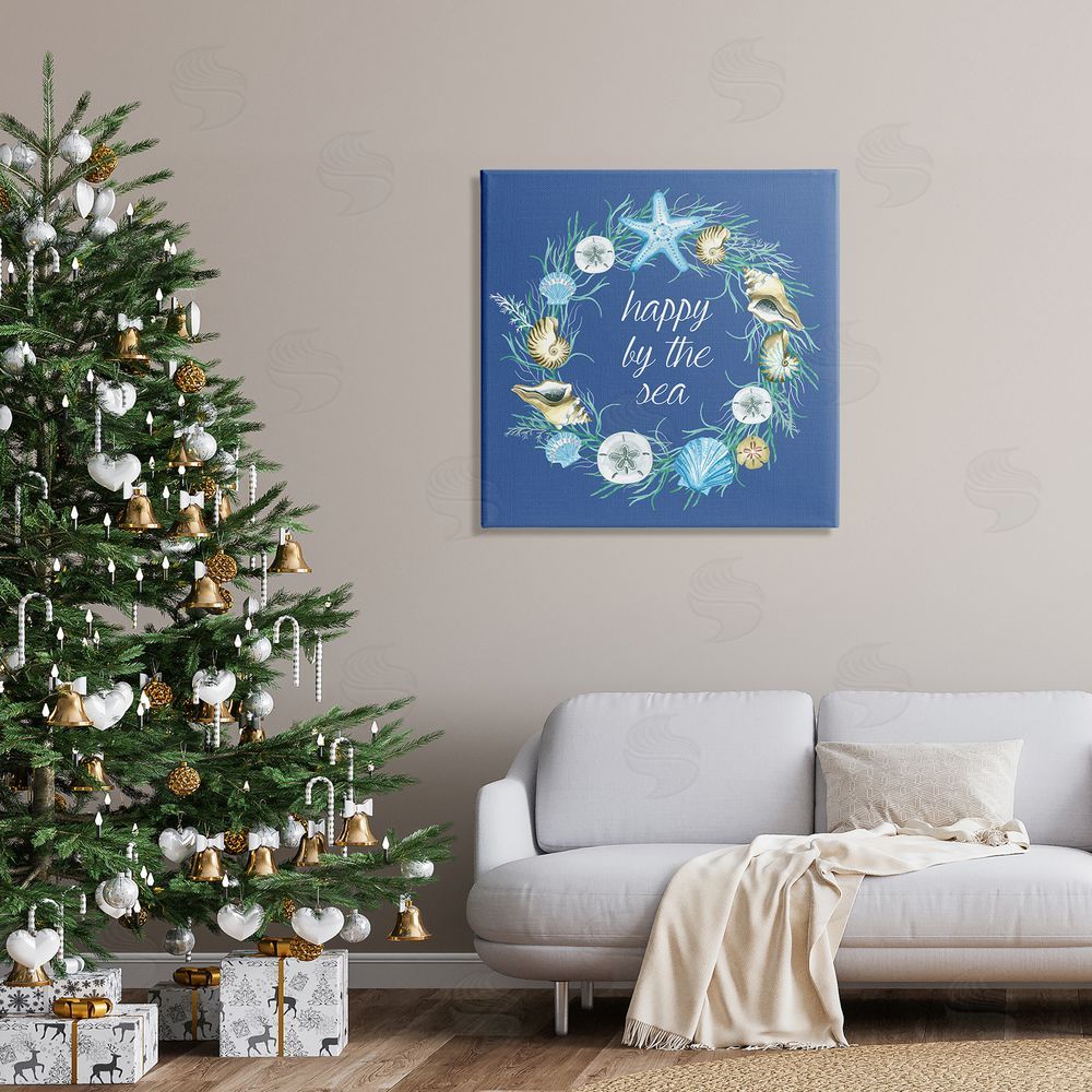 Sharon Lee Happy By The Sea Calligraphy Aquatic Shells Wreath Canvas Wall Art in Room