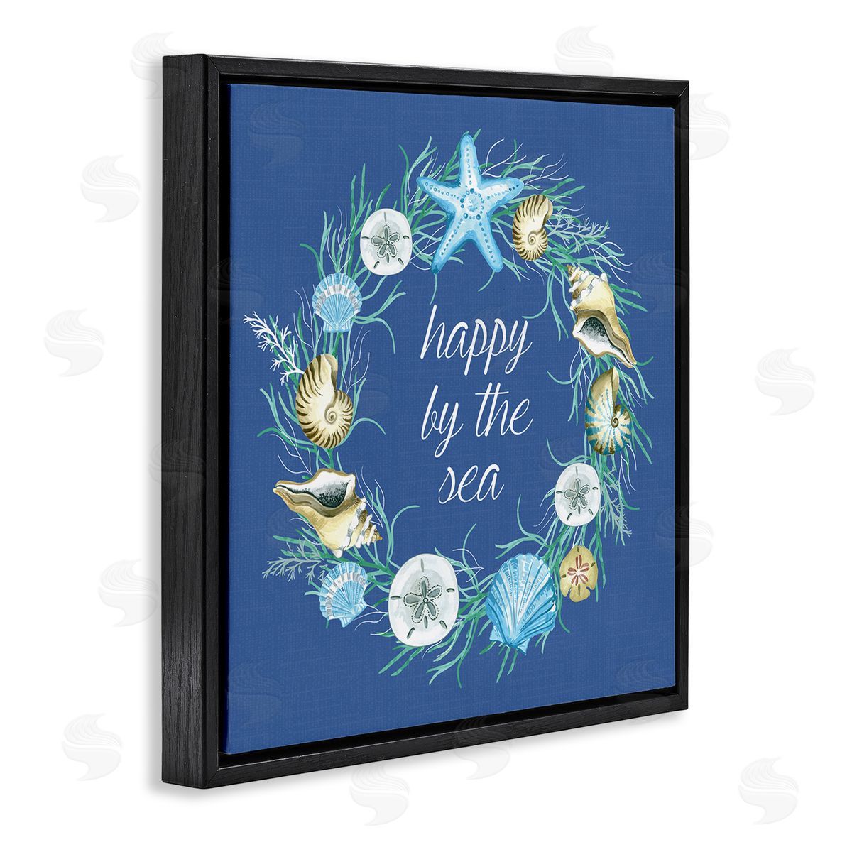 Sharon Lee Happy By The Sea Calligraphy Aquatic Shells Wreath Black Floating Frame Canvas Wall Art Print