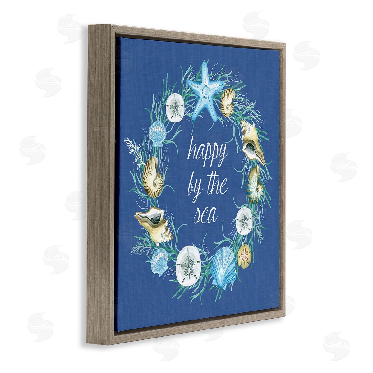 Sharon Lee Happy By The Sea Calligraphy Aquatic Shells Wreath Brown Floating Frame Canvas Wall Art Print