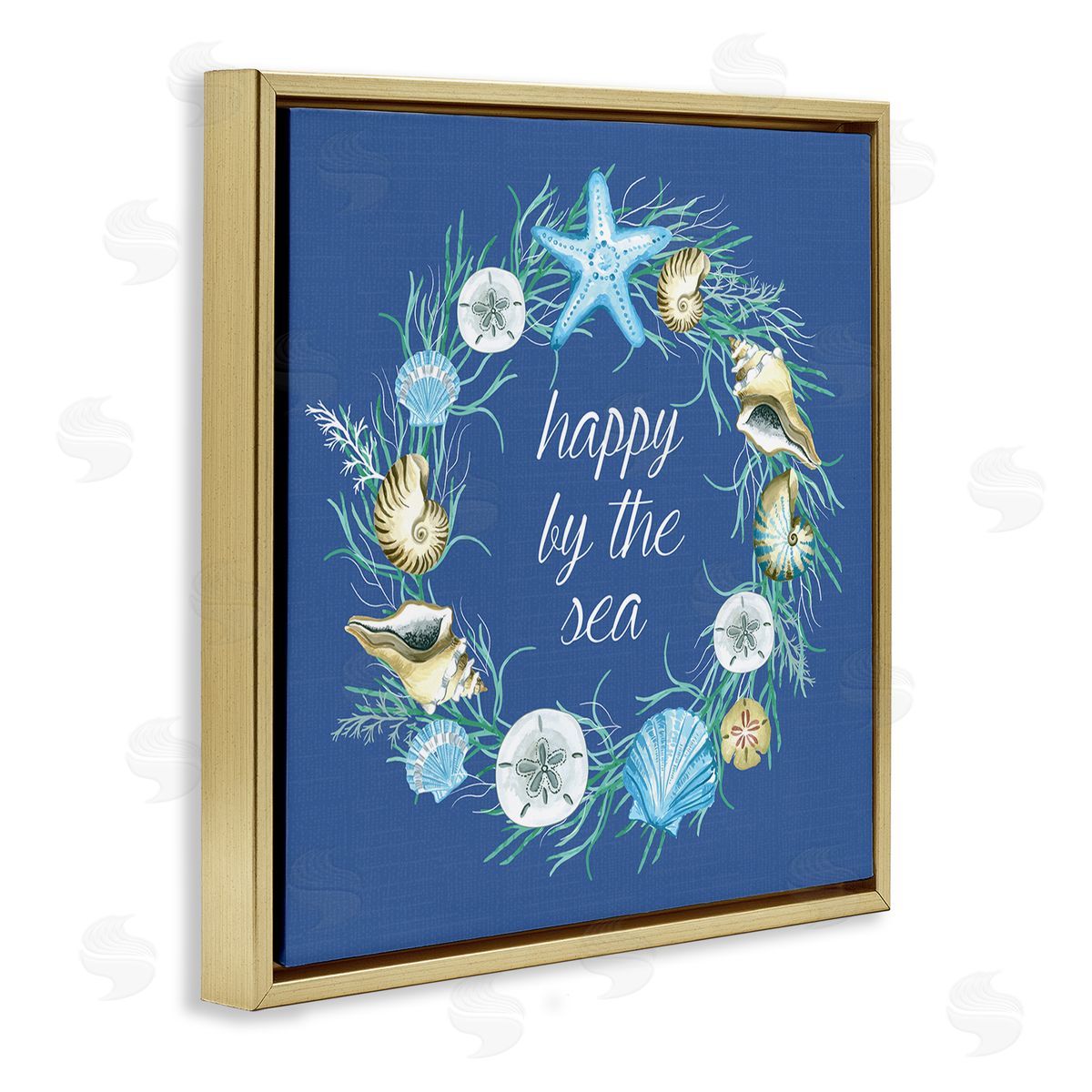 Sharon Lee Happy By The Sea Calligraphy Aquatic Shells Wreath Gold Floating Frame Canvas Wall Art Print