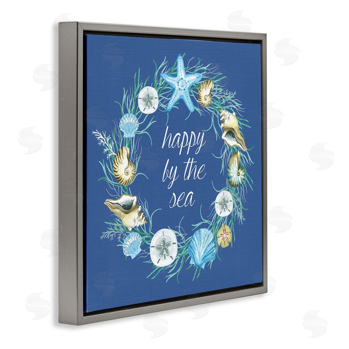 Sharon Lee Happy By The Sea Calligraphy Aquatic Shells Wreath Gray Floating Frame Canvas Wall Art Print