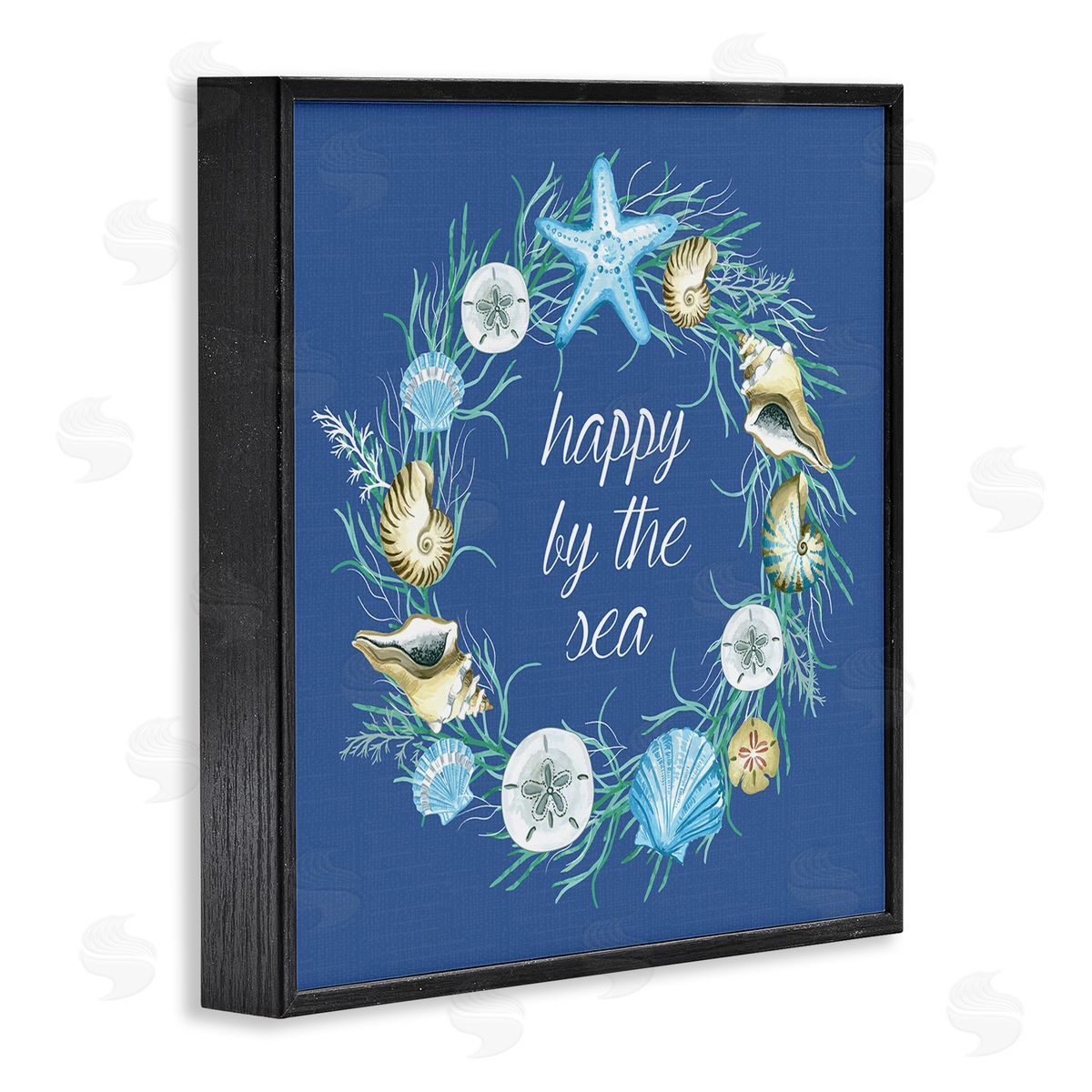Sharon Lee Happy By The Sea Calligraphy Aquatic Shells Wreath Black Framed Glicee Wall Art Print