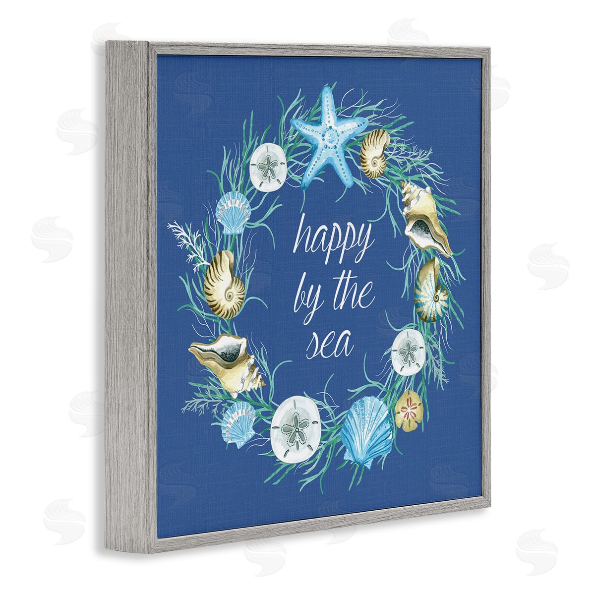 Sharon Lee Happy By The Sea Calligraphy Aquatic Shells Wreath Gray Framed Glicee Wall Art Print