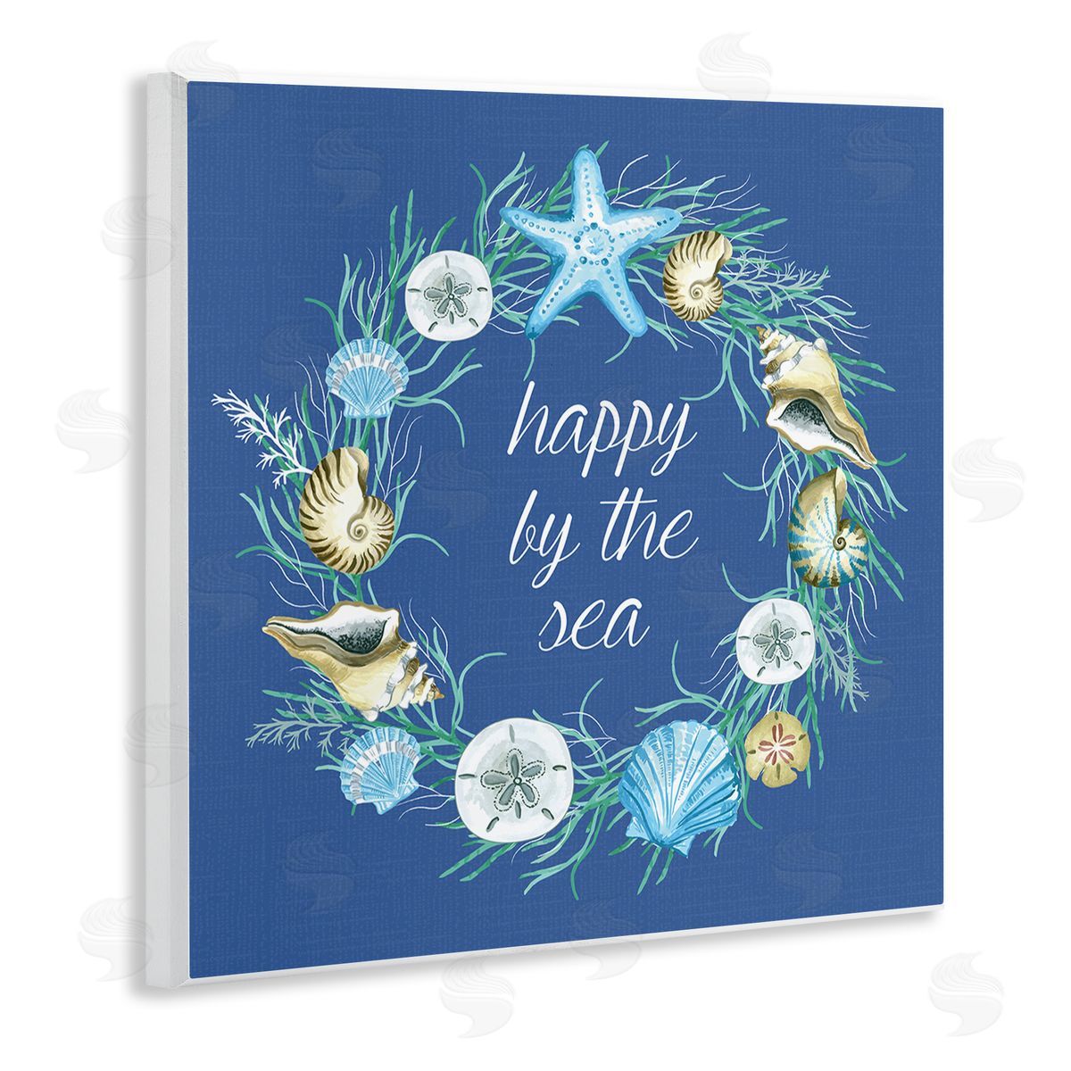 Sharon Lee Happy By The Sea Calligraphy Aquatic Shells Wreath Wooden Wall Plaque Art Print