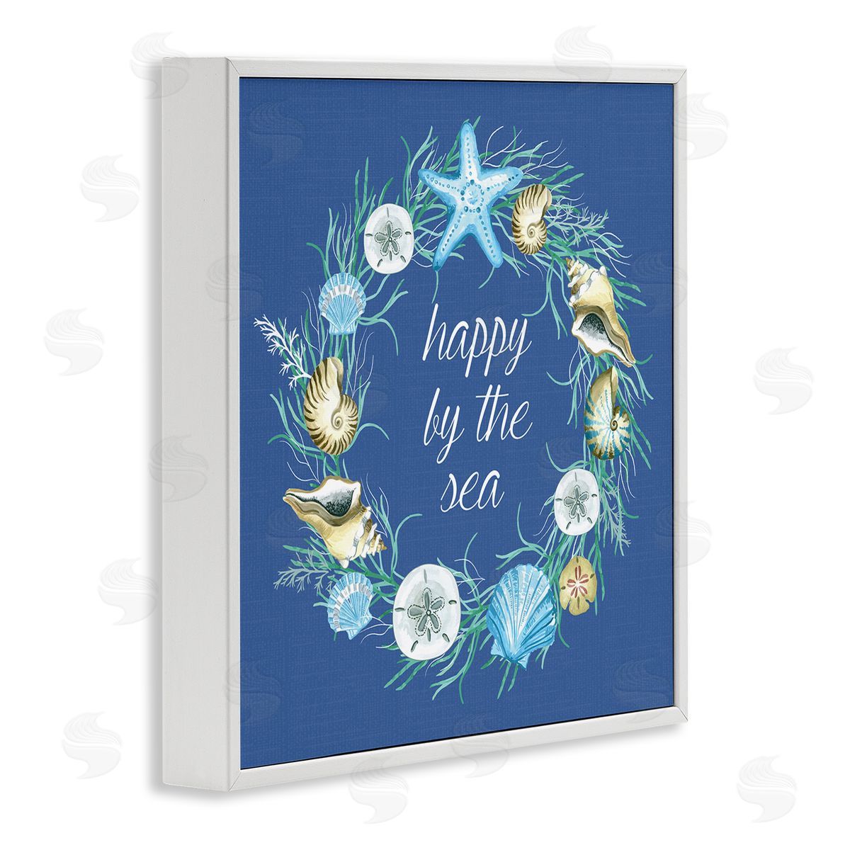 Sharon Lee Happy By The Sea Calligraphy Aquatic Shells Wreath White Framed Glicee Wall Art Print