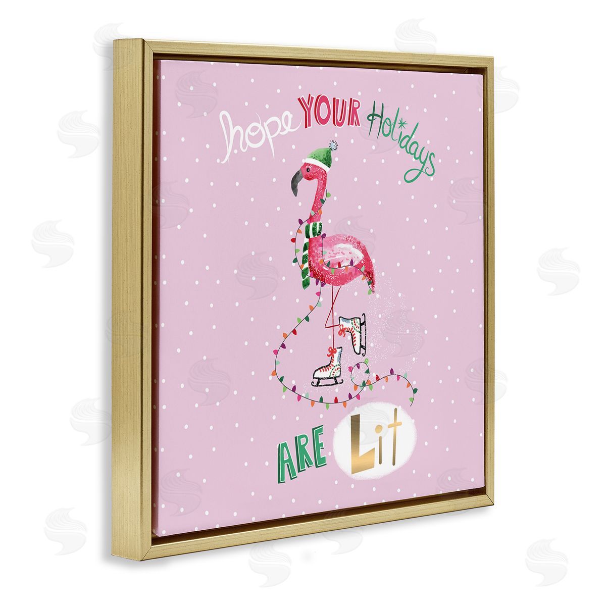 Sharon Lee Lit Holidays Sassy Festive Flamingo Pink Polka Dots Gold Floating Frame Canvas Wall Art Print