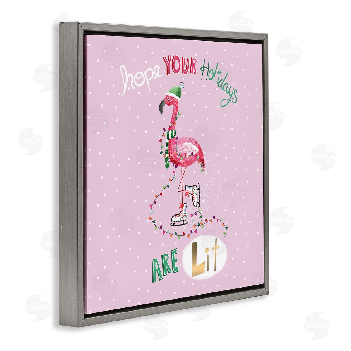 Sharon Lee Lit Holidays Sassy Festive Flamingo Pink Polka Dots Gray Floating Frame Canvas Wall Art Print
