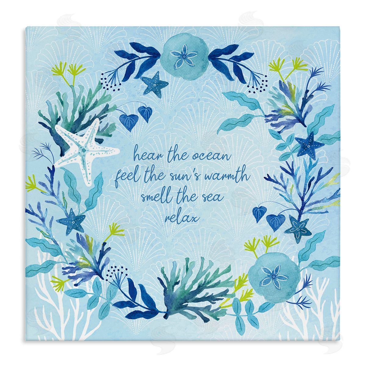 Sharon Lee Relaxing Beach Quote Sea Life Botanical Wreath Stretched Canvas Wall Art Print