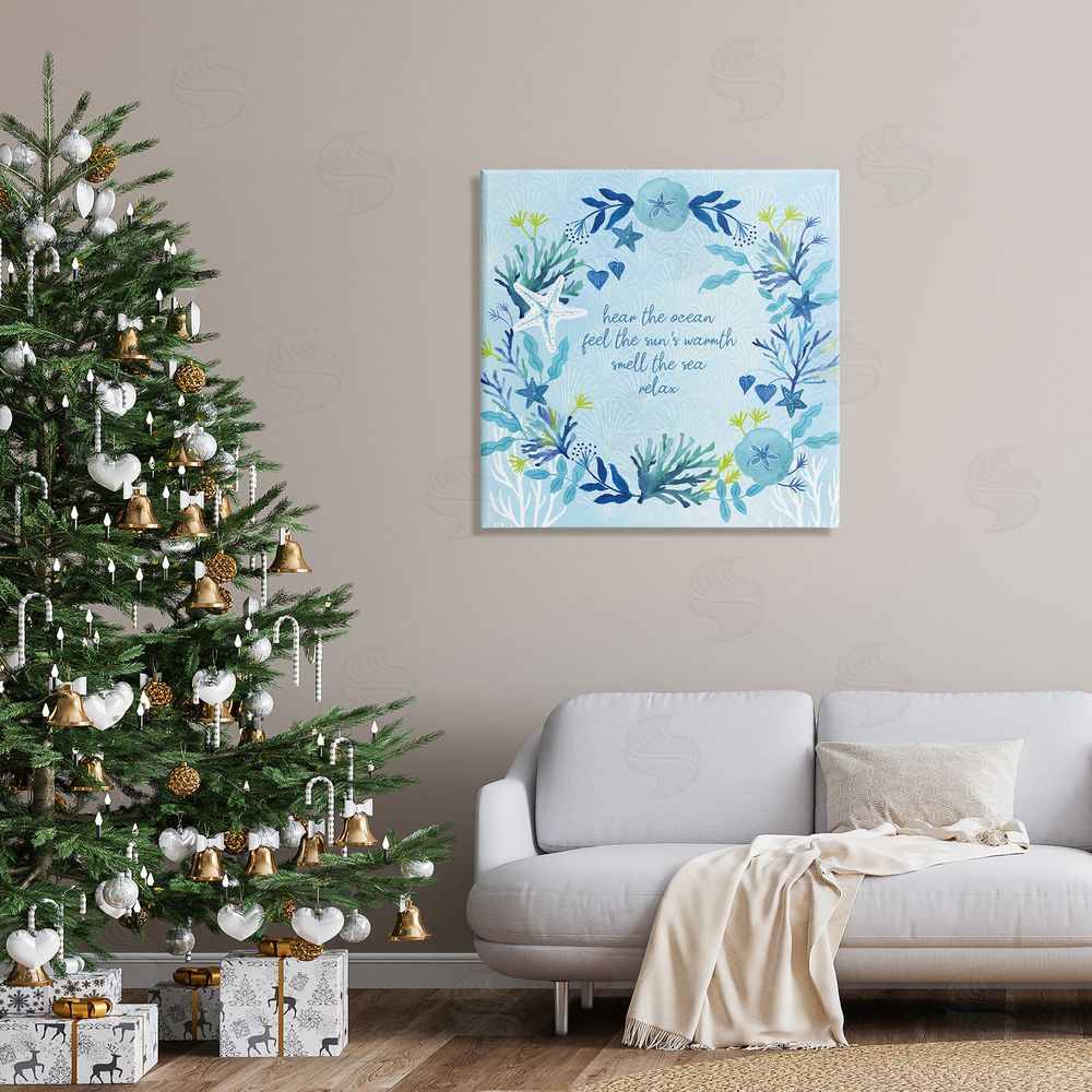 Sharon Lee Relaxing Beach Quote Sea Life Botanical Wreath Canvas Wall Art in Room