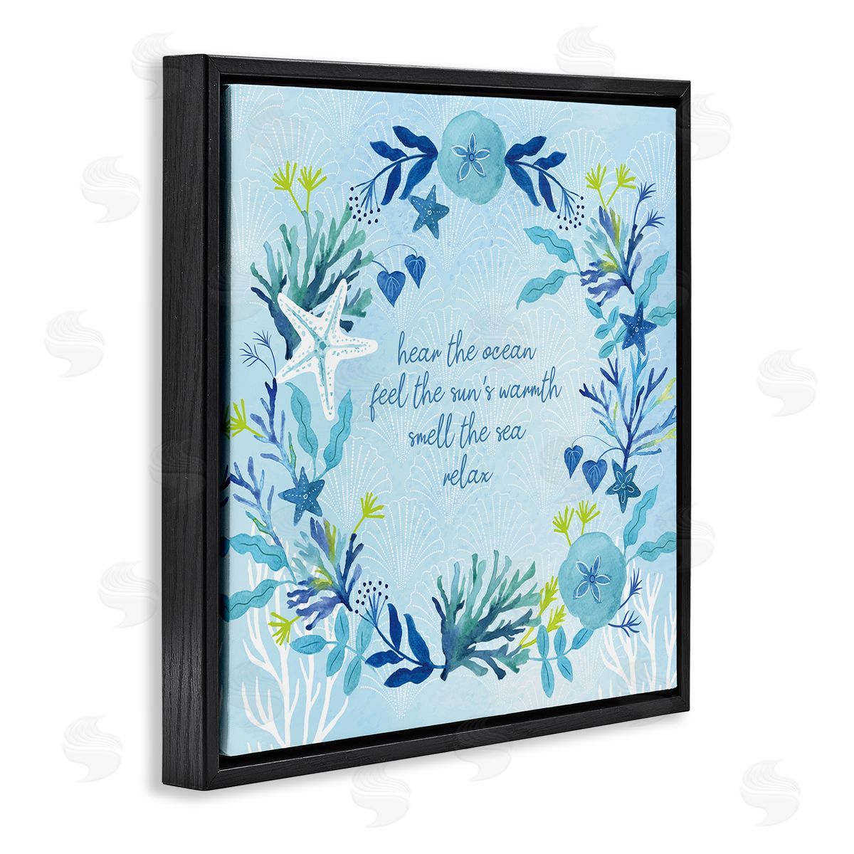 Sharon Lee Relaxing Beach Quote Sea Life Botanical Wreath Black Floating Frame Canvas Wall Art Print