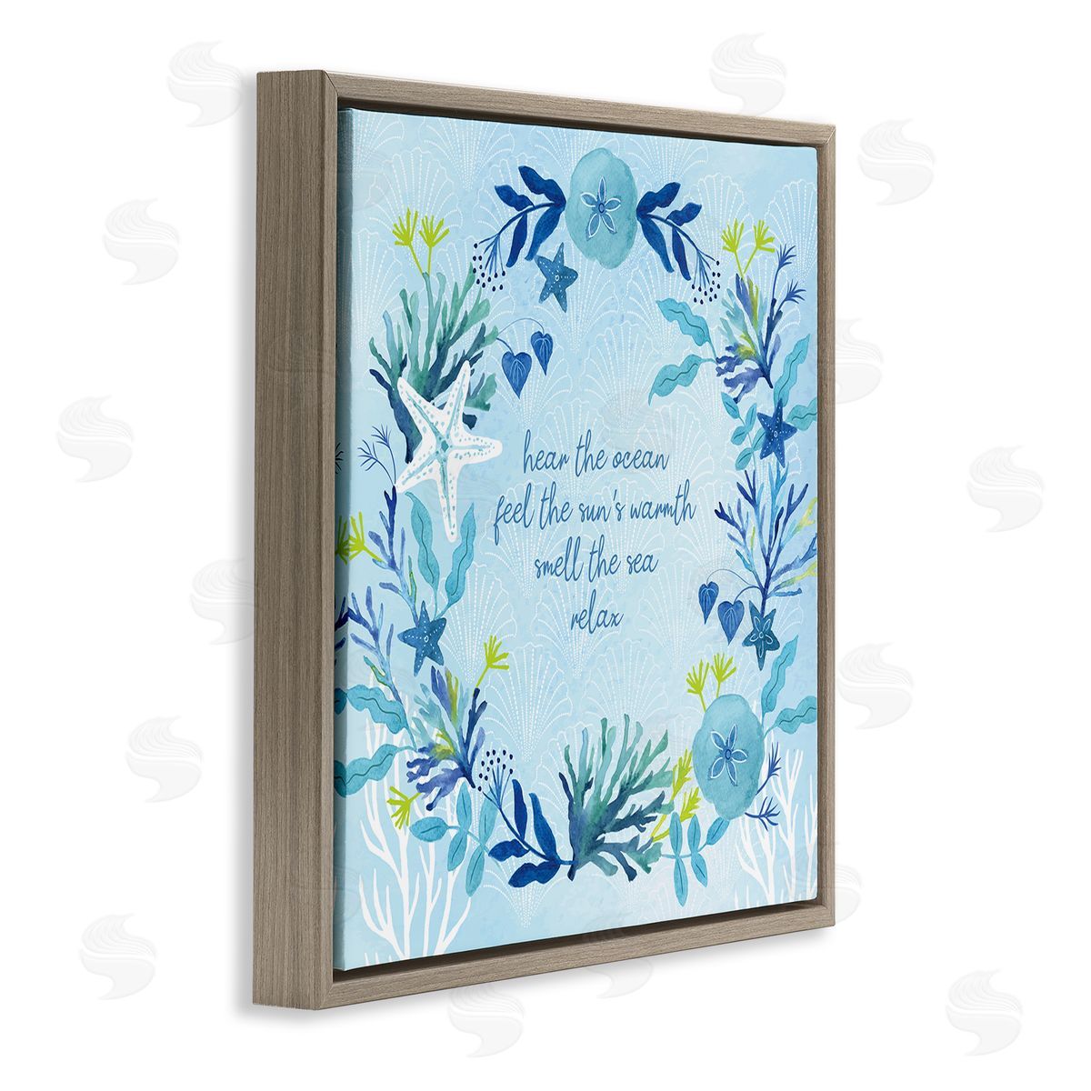 Sharon Lee Relaxing Beach Quote Sea Life Botanical Wreath Brown Floating Frame Canvas Wall Art Print