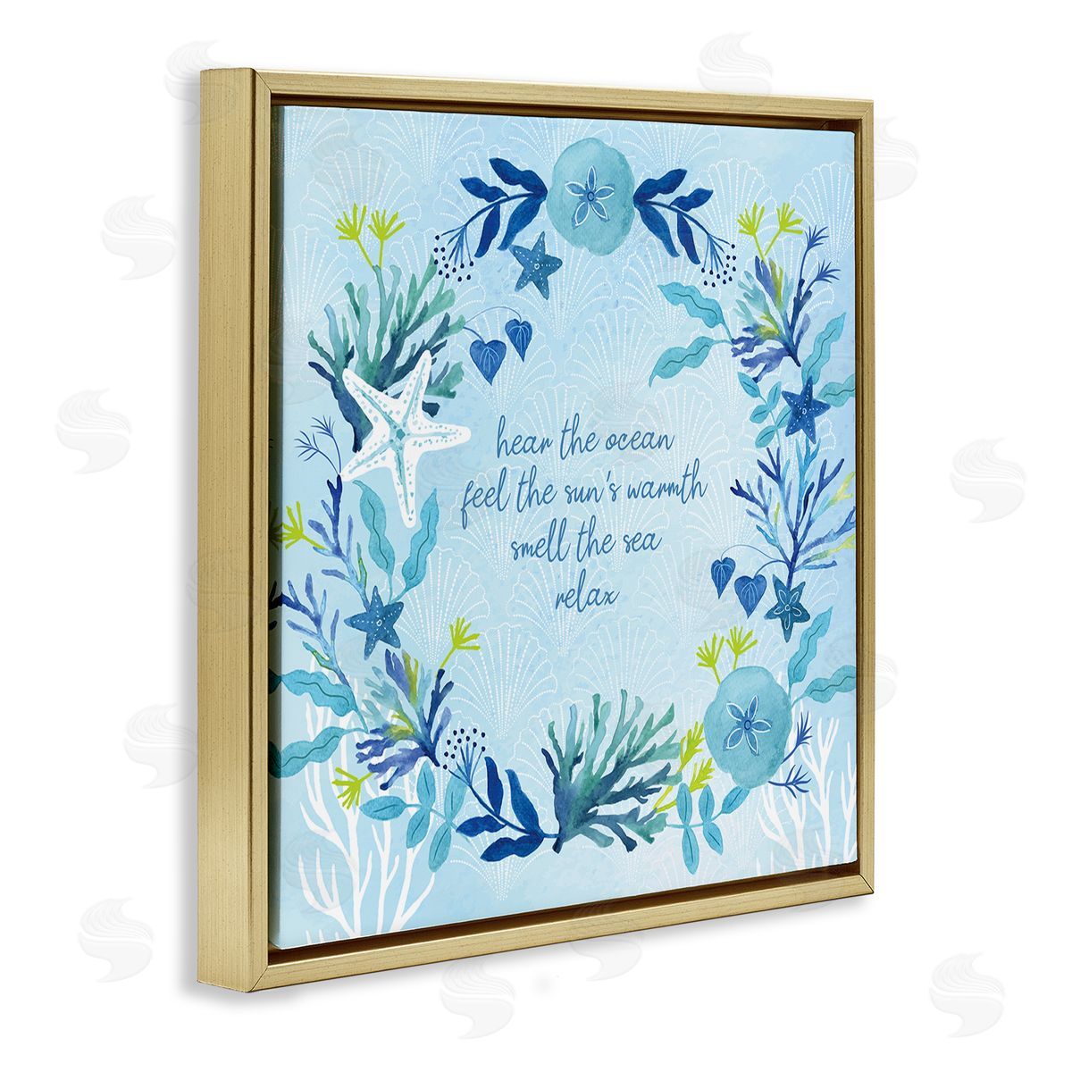 Sharon Lee Relaxing Beach Quote Sea Life Botanical Wreath Gold Floating Frame Canvas Wall Art Print