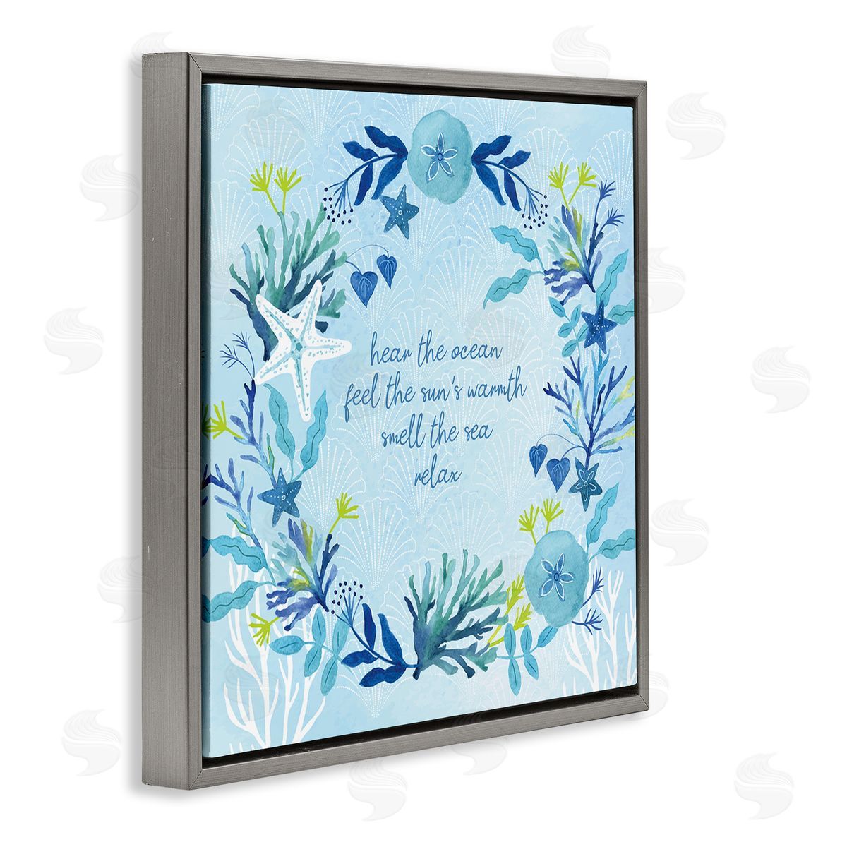 Sharon Lee Relaxing Beach Quote Sea Life Botanical Wreath Gray Floating Frame Canvas Wall Art Print