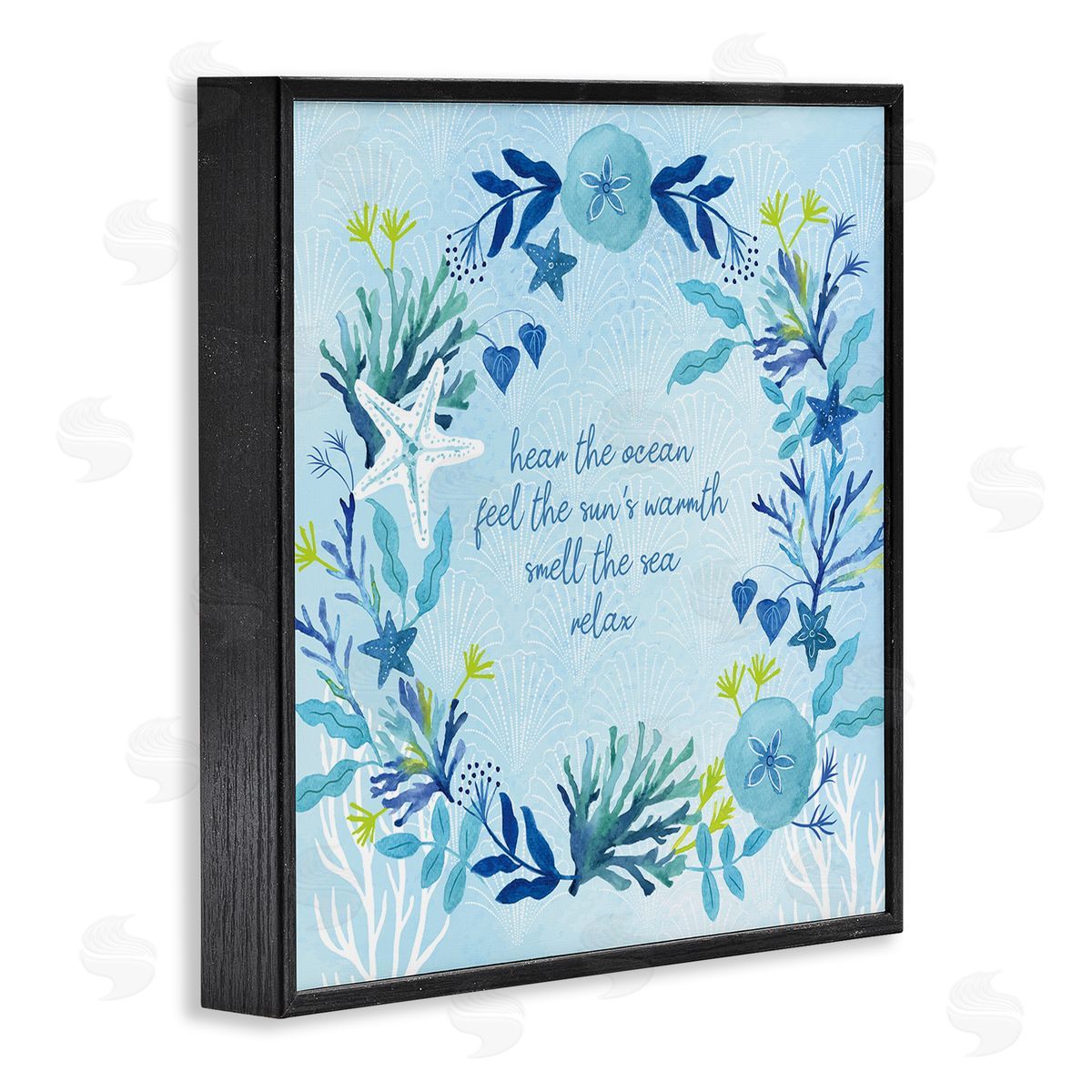 Sharon Lee Relaxing Beach Quote Sea Life Botanical Wreath Black Framed Glicee Wall Art Print