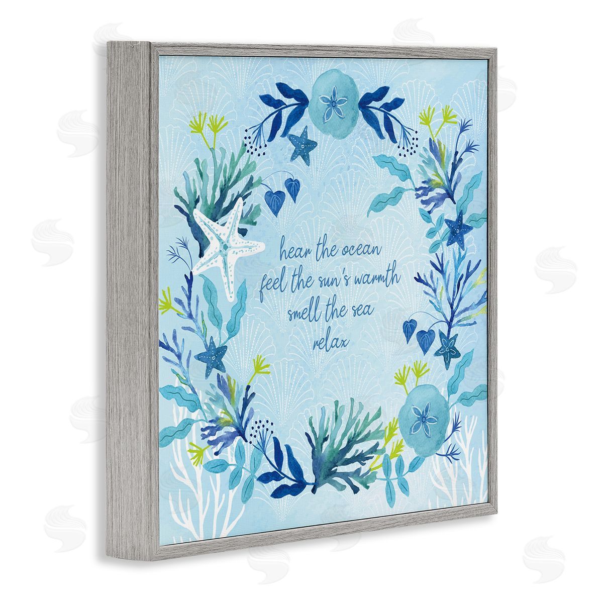Sharon Lee Relaxing Beach Quote Sea Life Botanical Wreath Gray Framed Glicee Wall Art Print