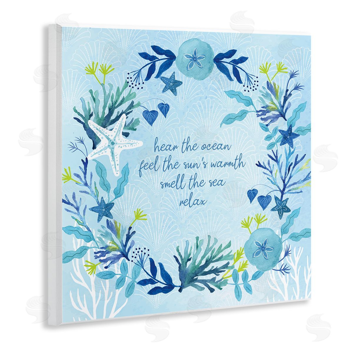 Sharon Lee Relaxing Beach Quote Sea Life Botanical Wreath Wooden Wall Plaque Art Print