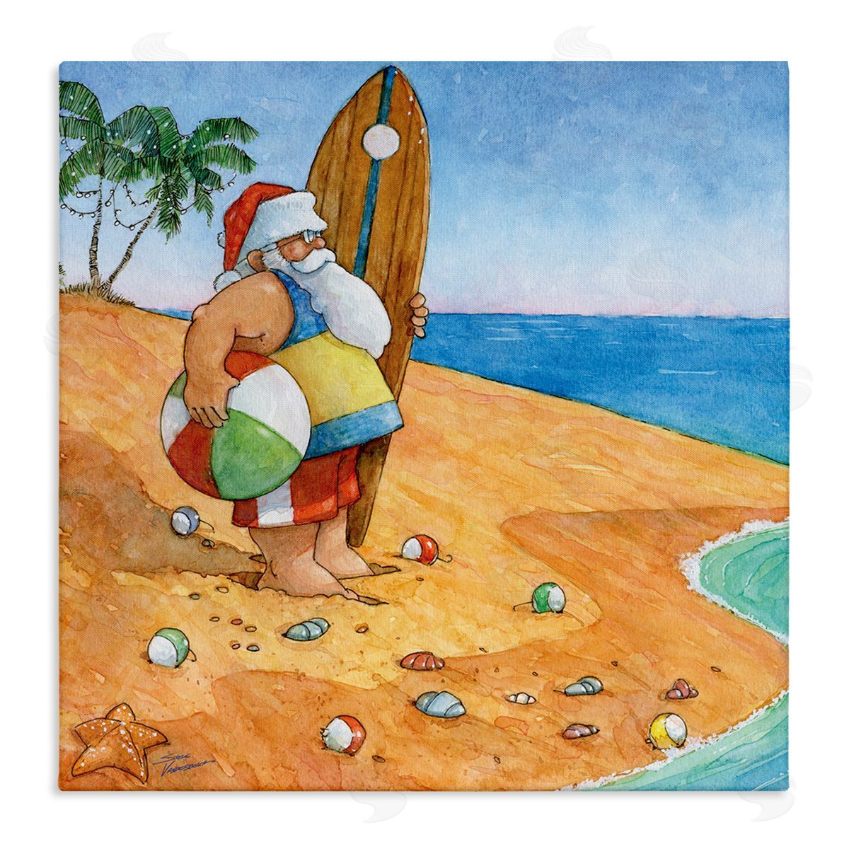 Steve Vanderbosch Santa Claus On Beach Surf Board Tropical Christmas Stretched Canvas Wall Art Print