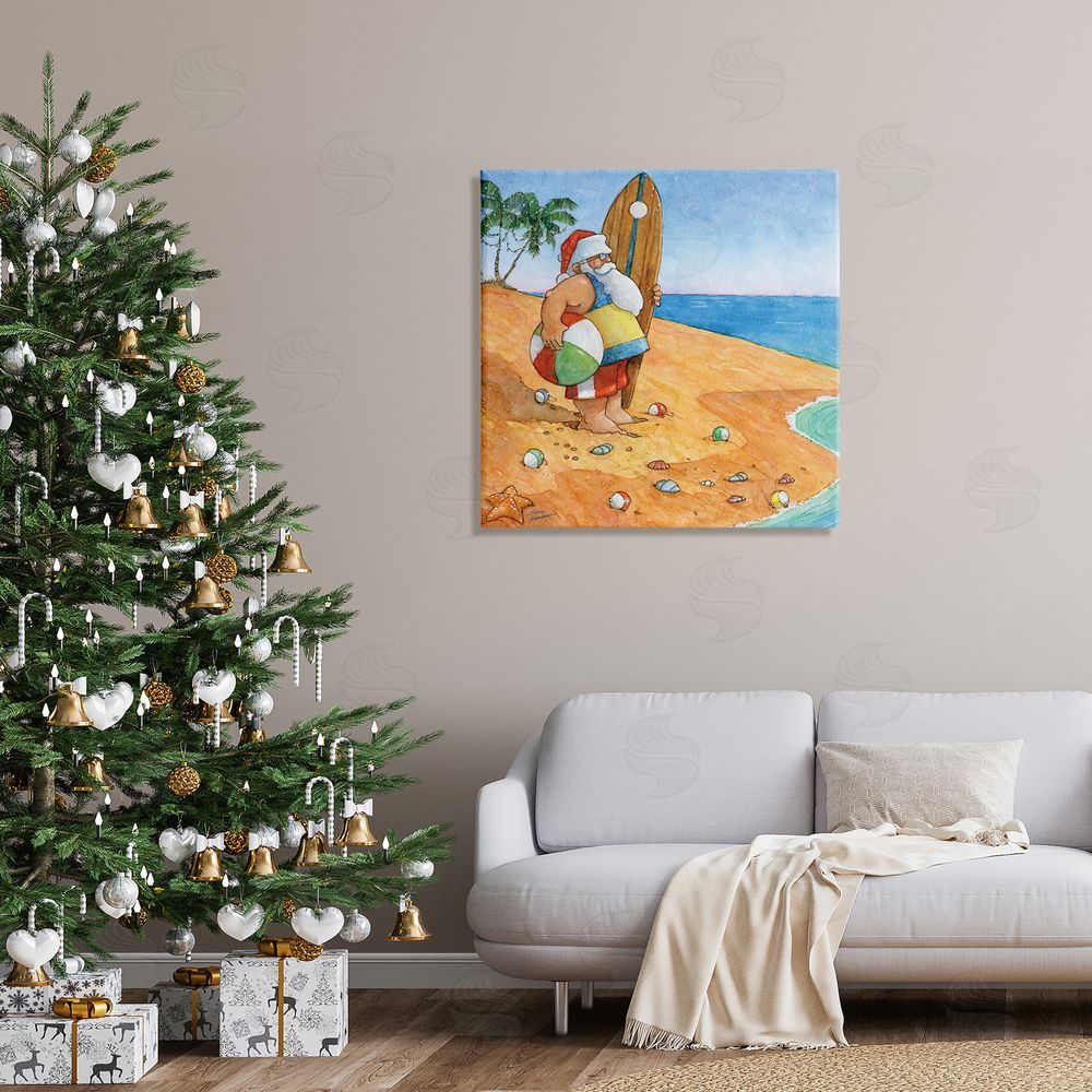 Steve Vanderbosch Santa Claus On Beach Surf Board Tropical Christmas Canvas Wall Art in Room